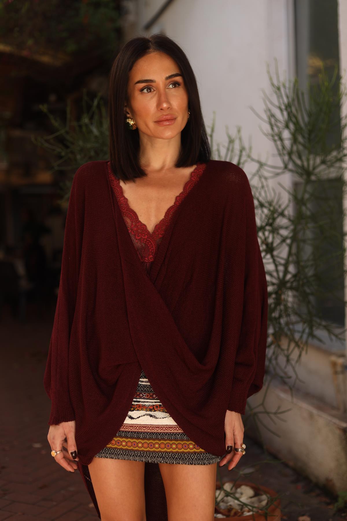 Bordo Önü Çapraz Triko Tunik