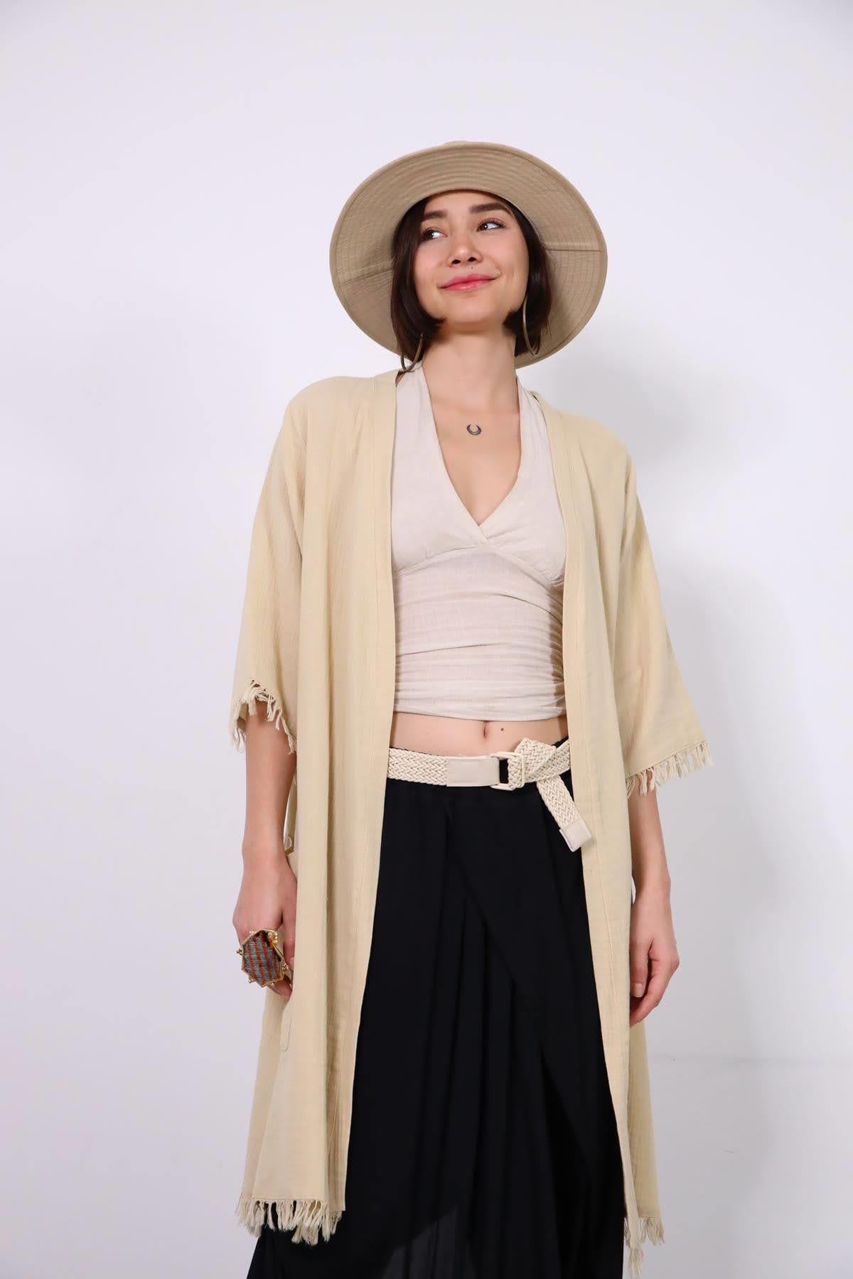 Camel Rengi Püsküllü Müslin Kaftan - Şaman Butik - Bohem Giyim ve Aksesuar | Kadın & Erkek Camel Rengi Püsküllü Müslin Kaftan