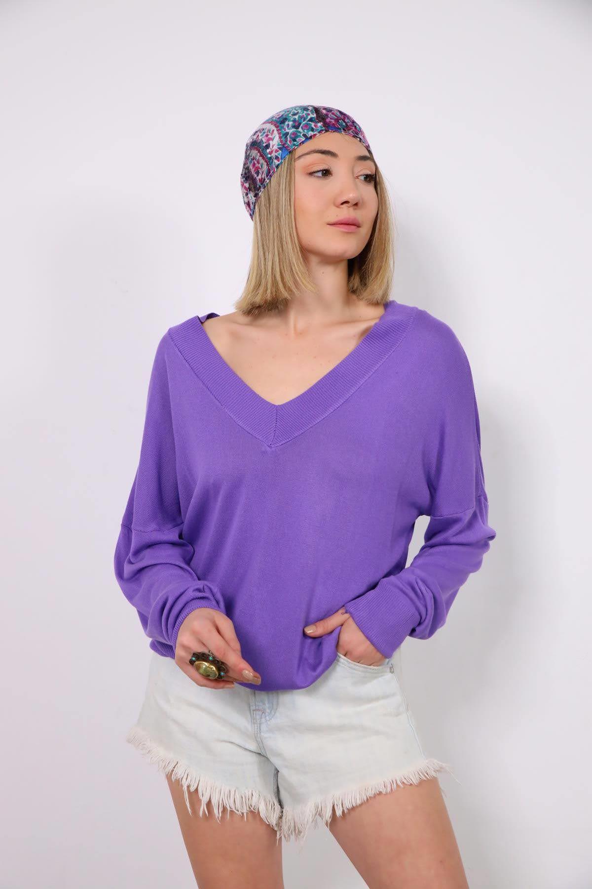 Mor V Yaka Triko Kazak - Şaman Butik Mor V Yaka Triko Kazak