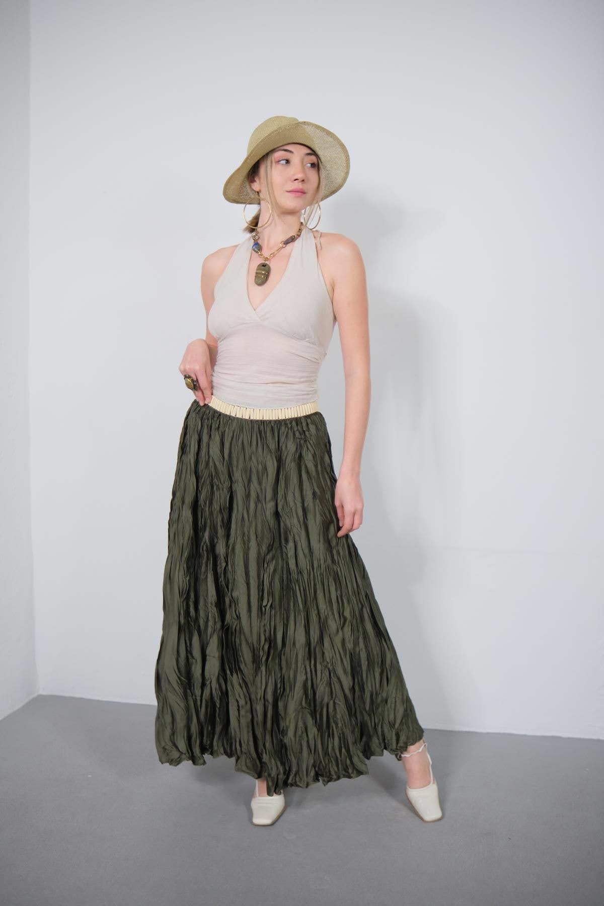 Haki Uzun Crash Etek - Şaman Butik Haki Uzun Crash Etek