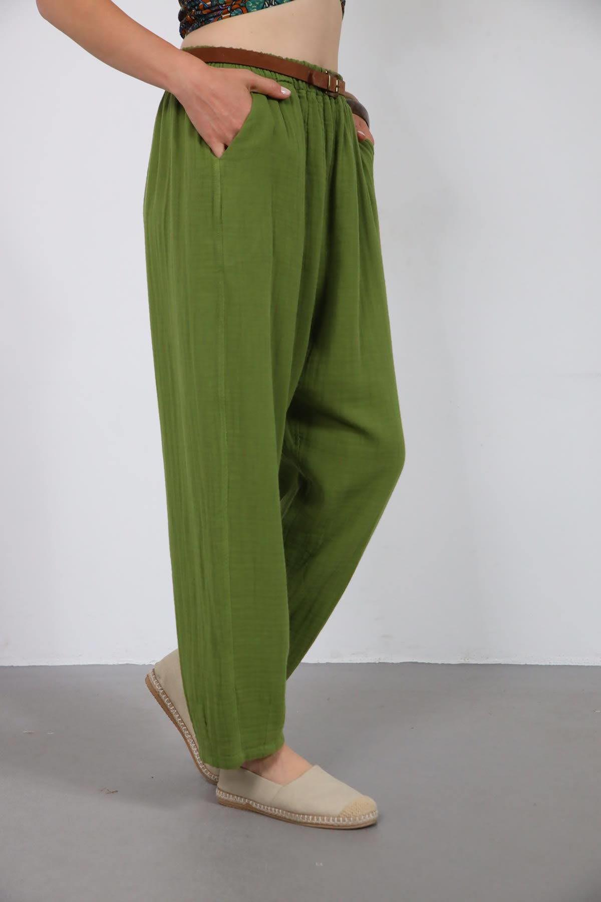 Haki Paçası Pileli Müslin Pantolon - Şaman Butik Haki Paçası Pileli Müslin Pantolon