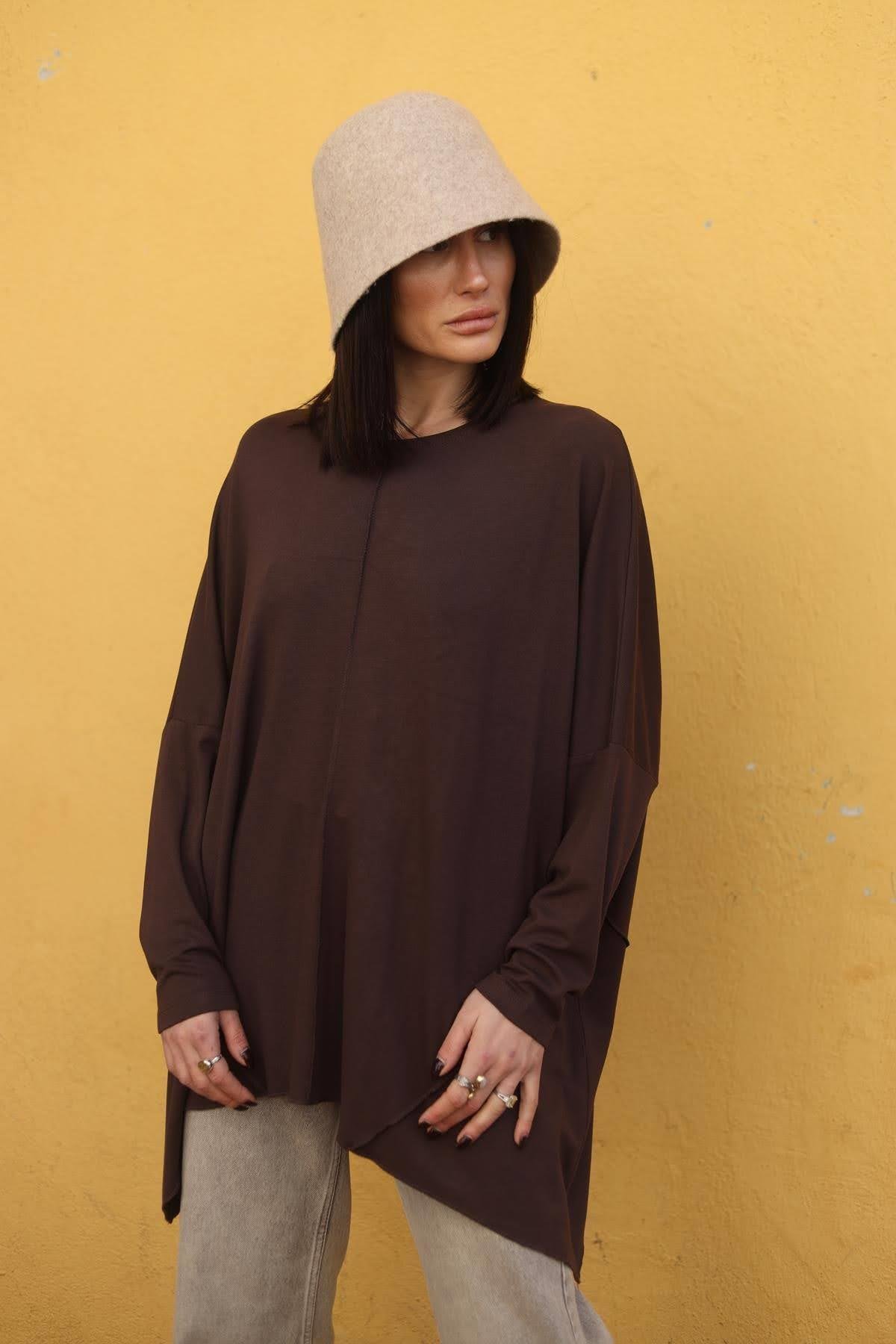 Kahverengi Önü Dikişli Parçalı Triko Bluz