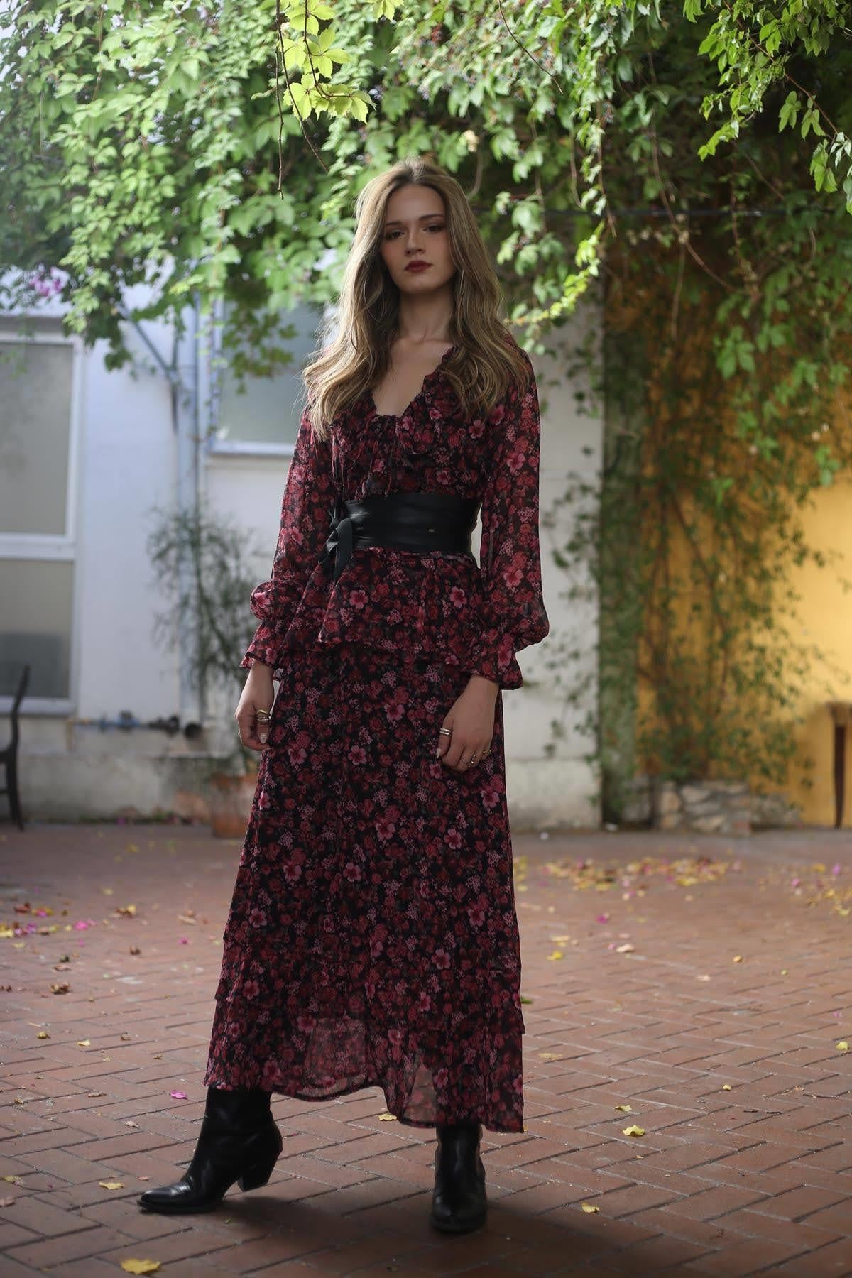 Fuşya Çiçek Desenli Volanlı Şifon Elbise