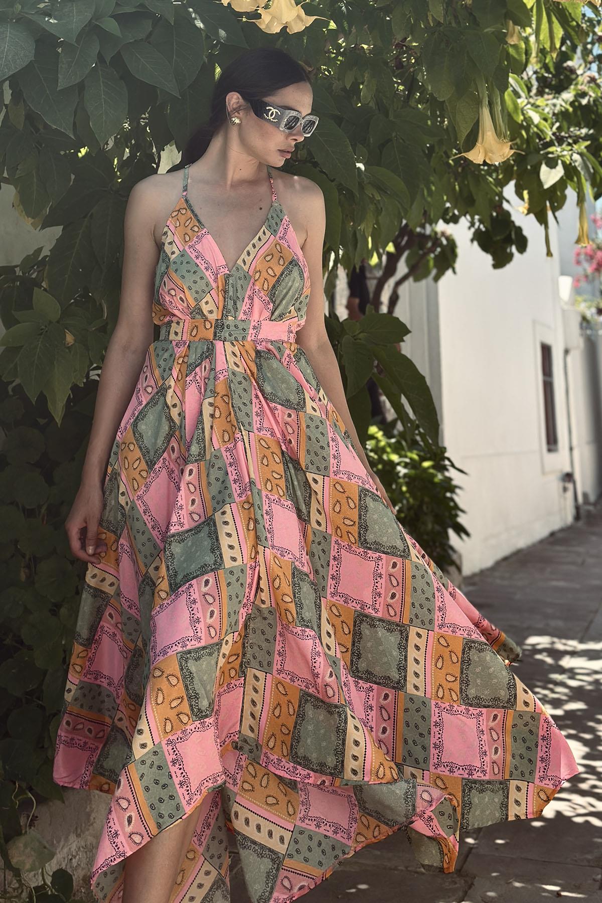 Pink Patterned Strappy Silk Dress