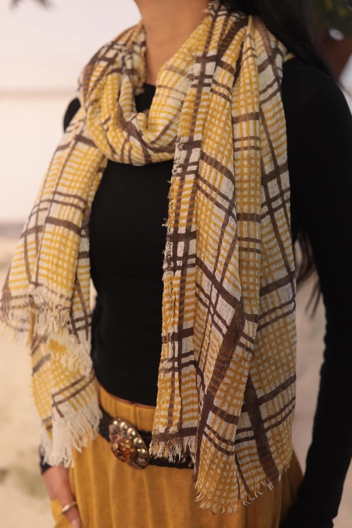 Hardal Rengi Ekose Desenli Pamuk Şal