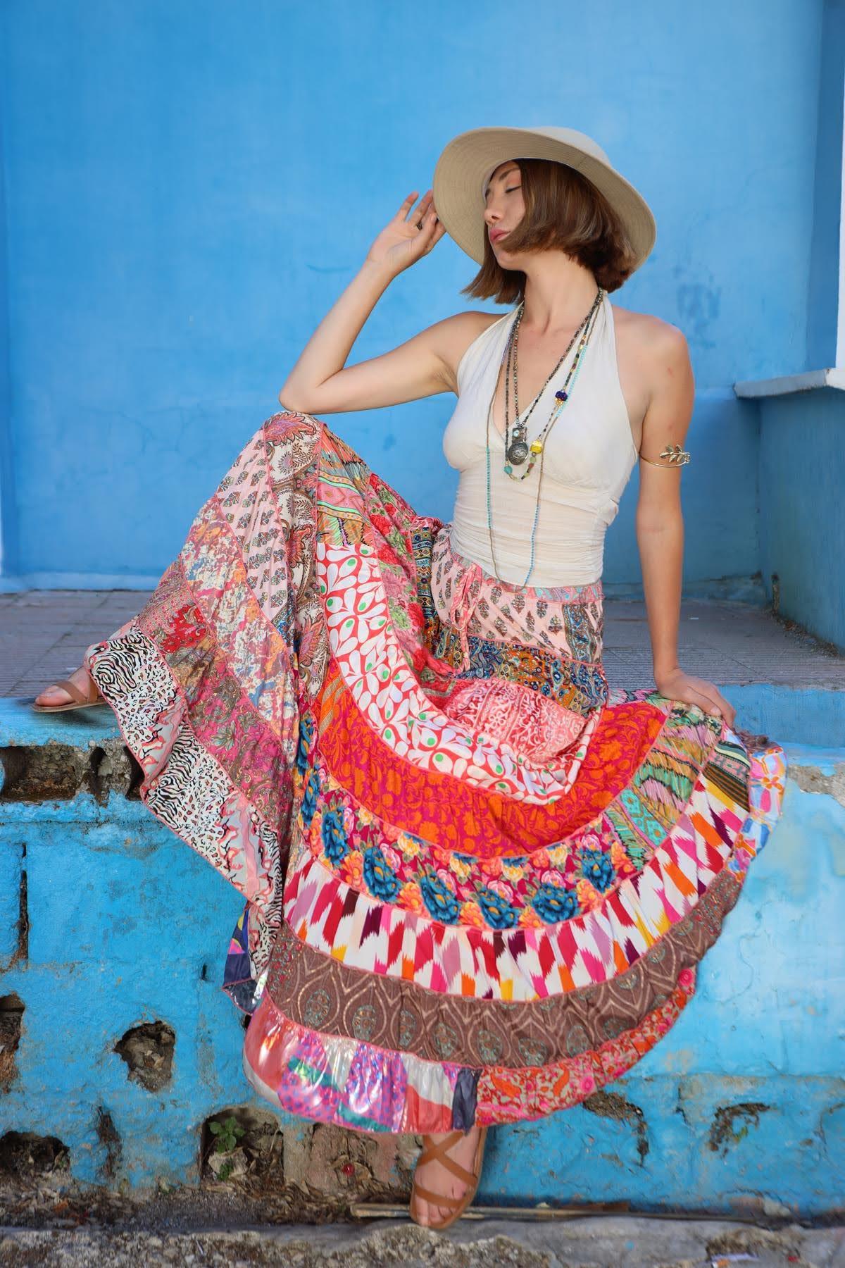 Renkli Patchwork Otantik İpek Etek - Şaman Butik Renkli Patchwork Otantik İpek Etek