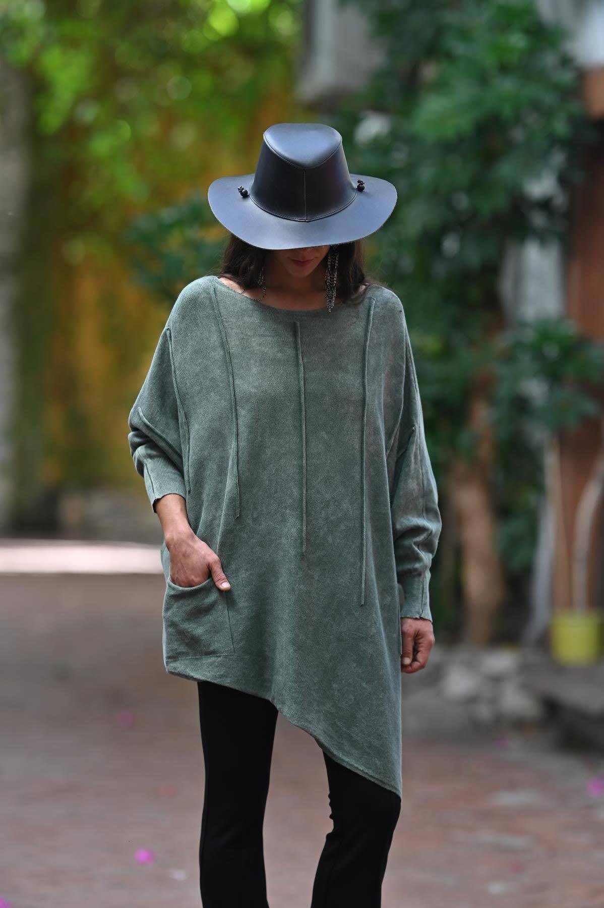 Haki Asimetrik Kesim Yıkamalı Tunik