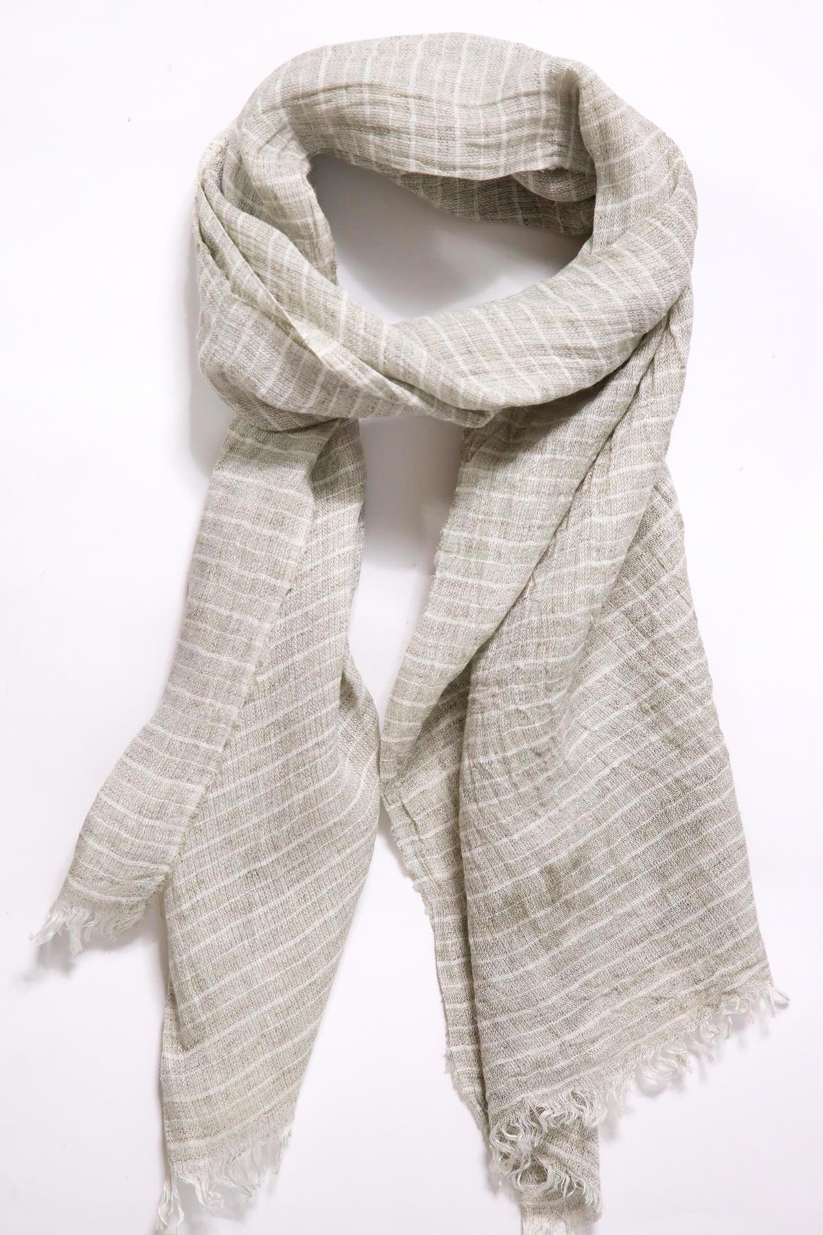 Haki Çizgili Keten Fular - Şaman Butik Haki Çizgili Keten Fular