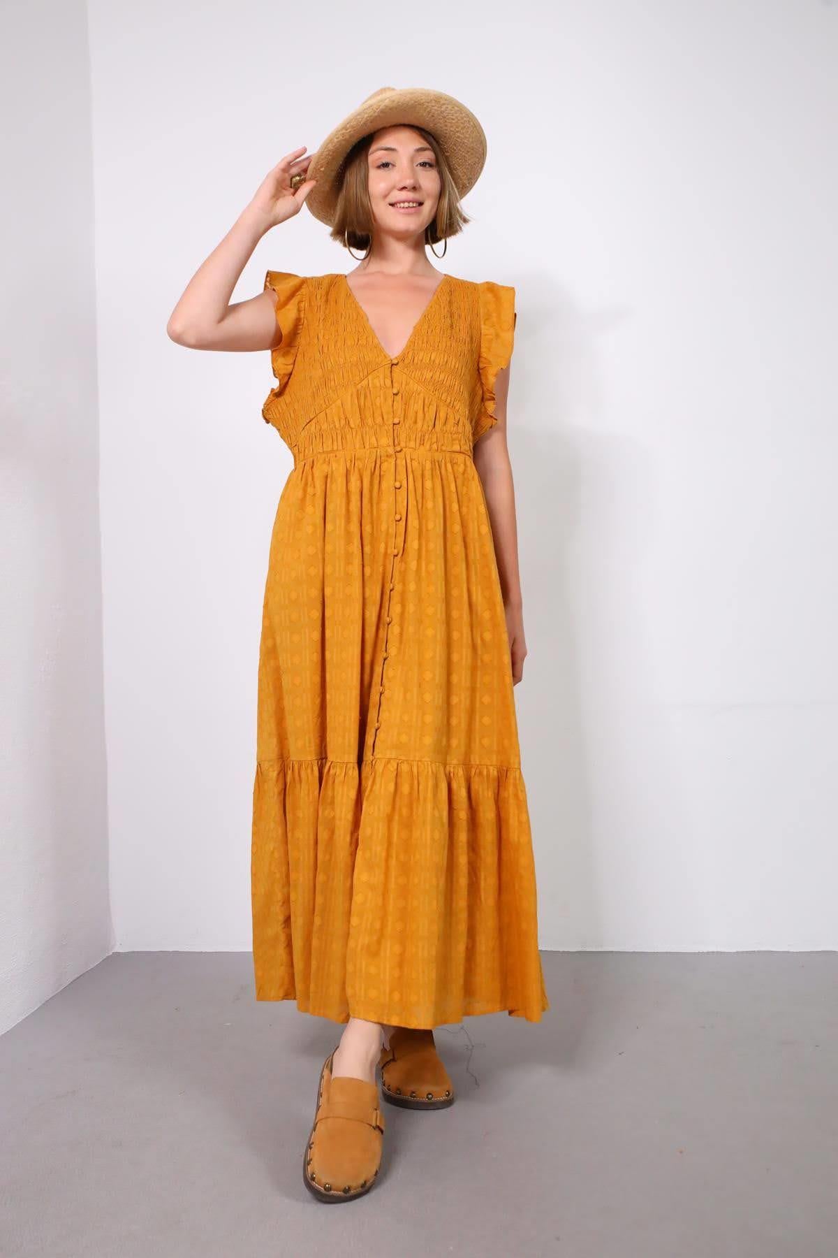 Hardal Rengi V Yaka Kolları Volanlı Gipeli Gömlek Elbise - Şaman Butik Hardal Rengi V Yaka Kolları Volanlı Gipeli Gömlek Elbise