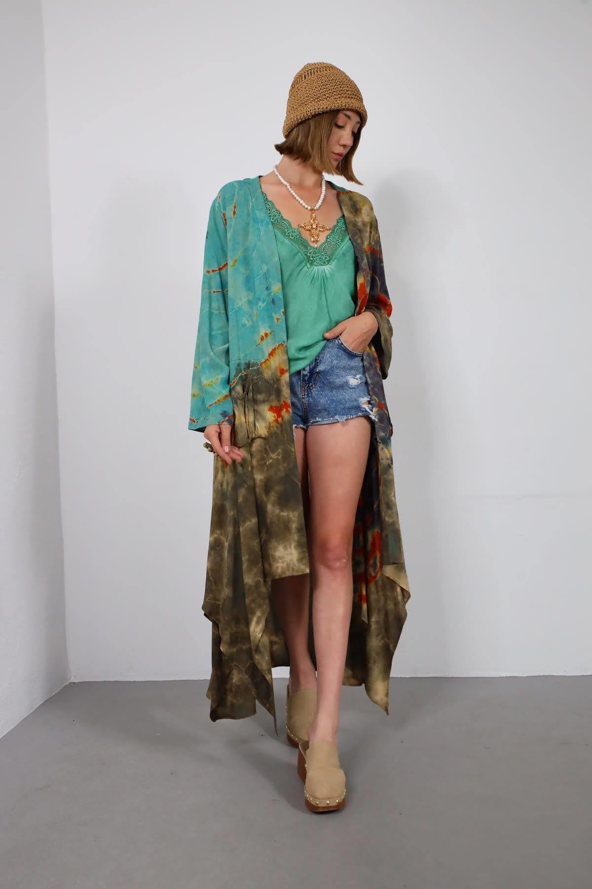  Kiremit Rengi Batik Desenli Cep Detay Kaftan