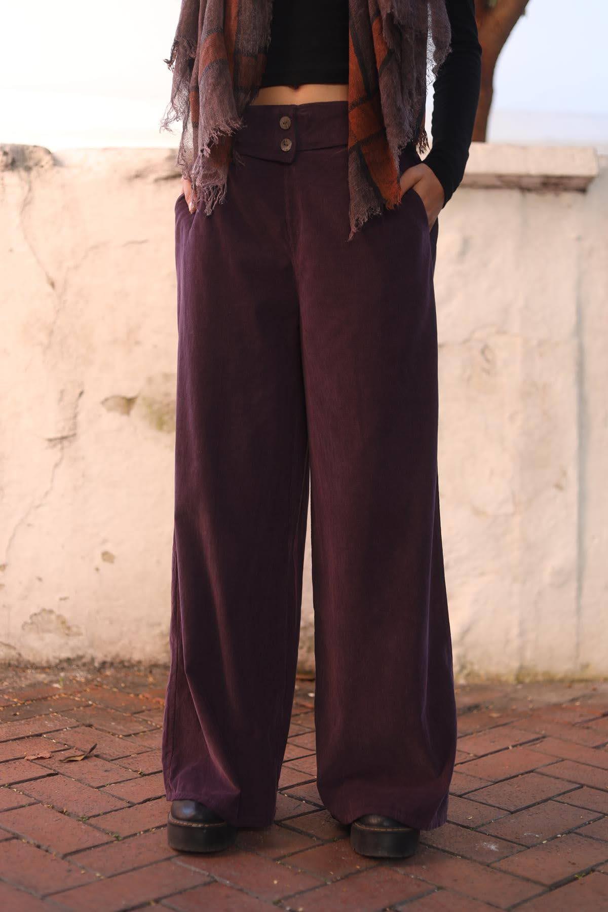 Mor Beli Çift Düğmeli Kadife Pantolon