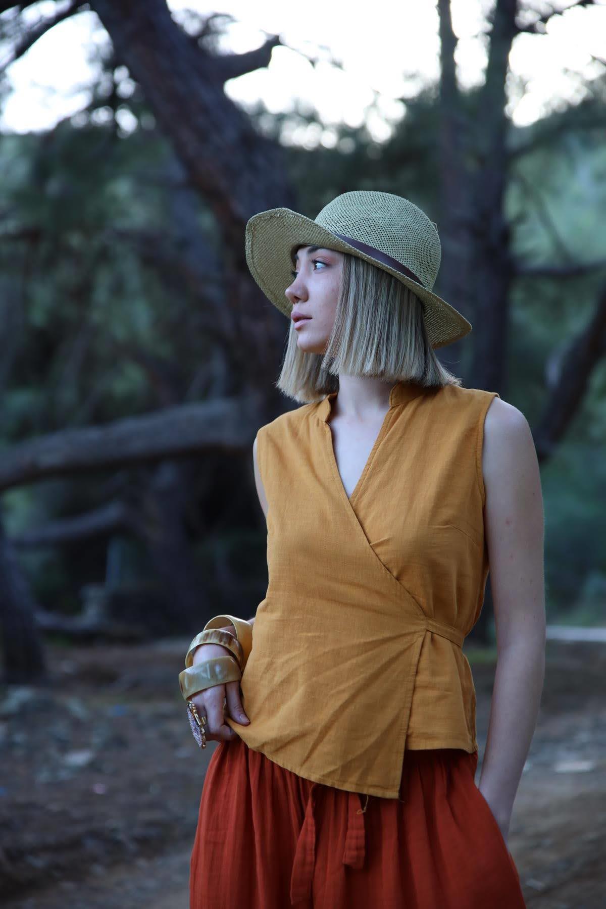  Hardal Rengi Bağlamalı Kruvaze Yelek