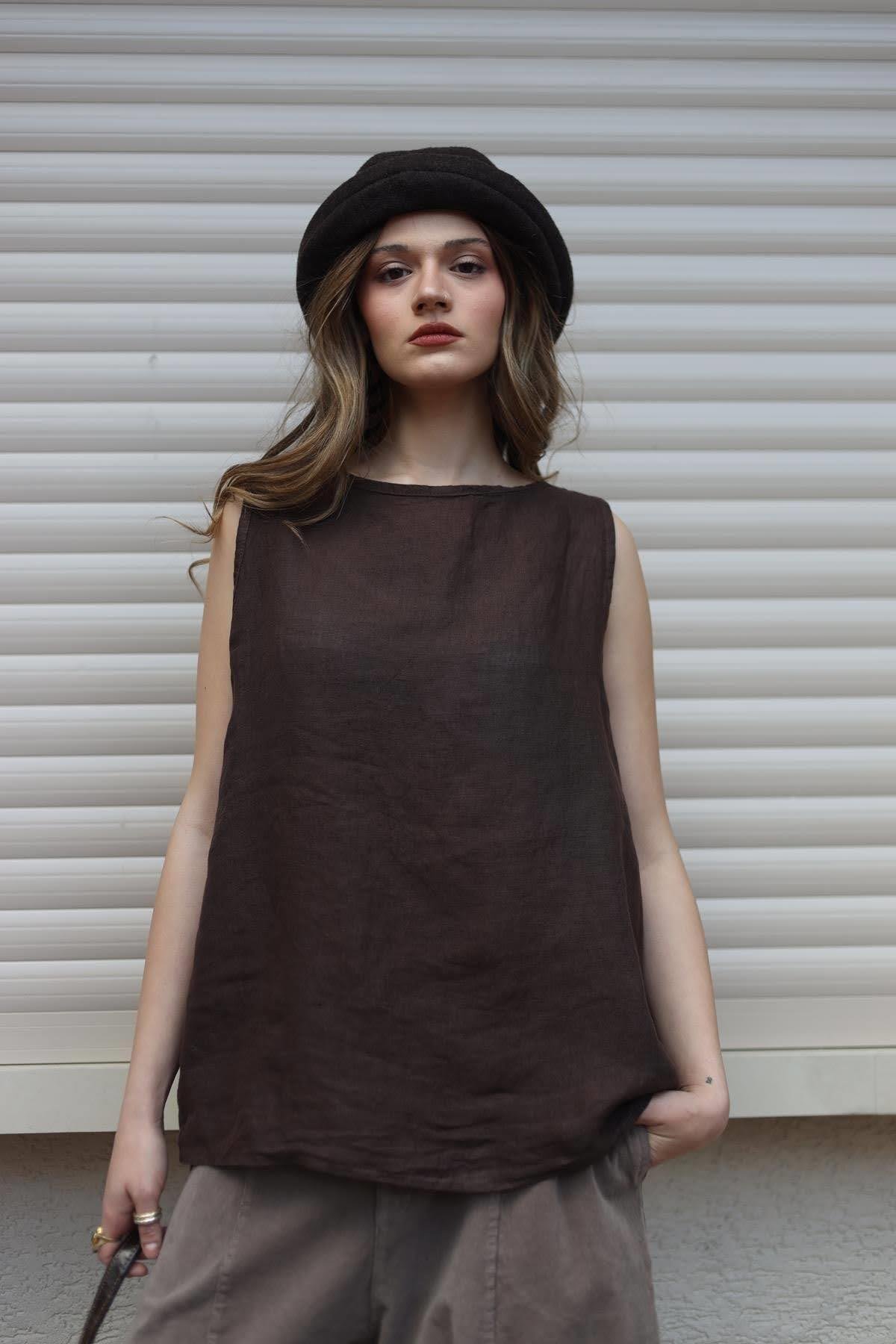 Kahverengi Kalın Askılı Salaş Keten Bluz