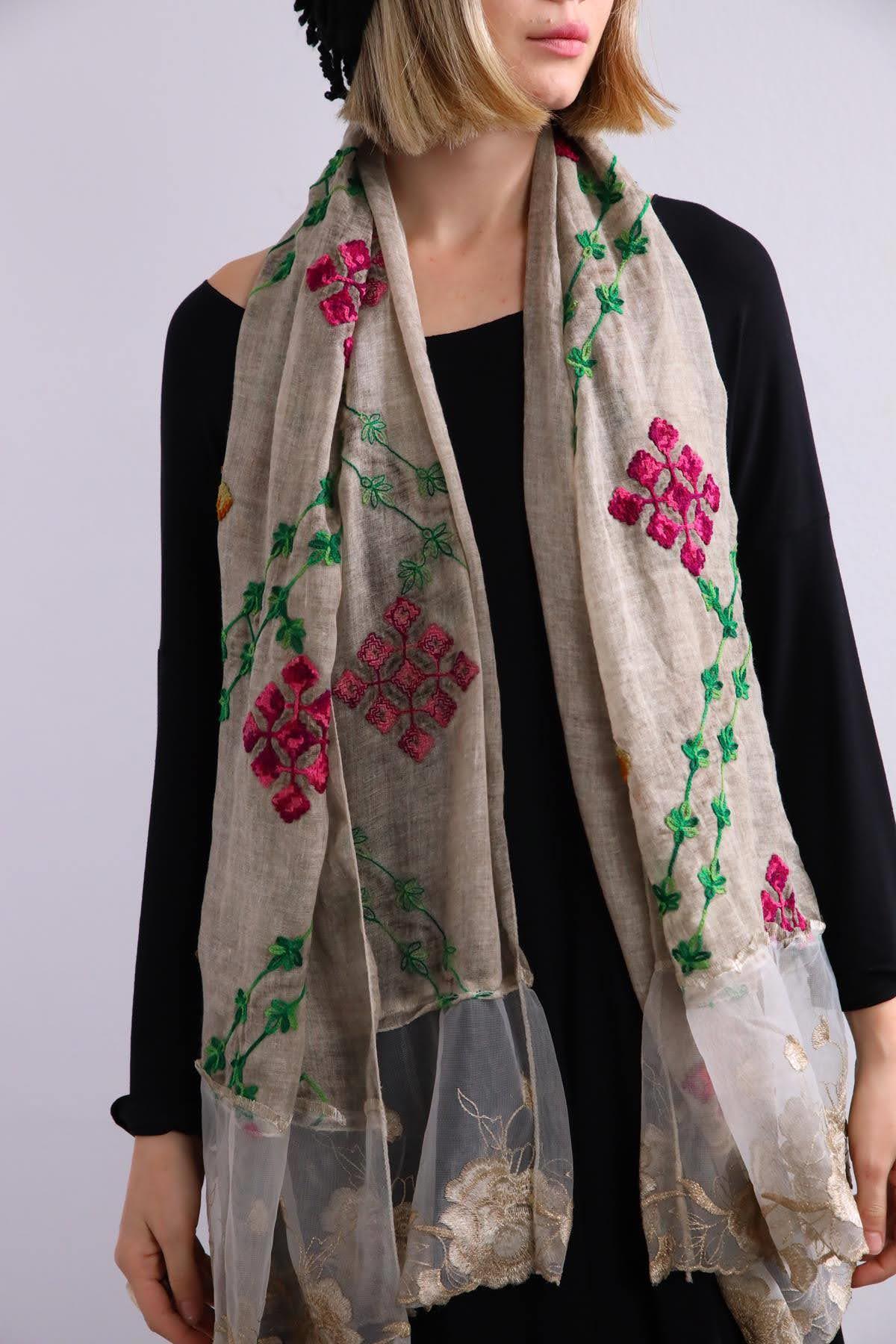  Vizon Rengi İşlemeli Kenarları Güpürlü Şal