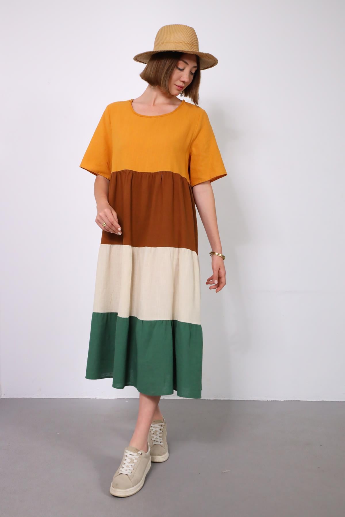 Renkli Bisiklet Yaka Keten Gökkuşağı Elbise - Şaman Butik Renkli Bisiklet Yaka Keten Gökkuşağı Elbise