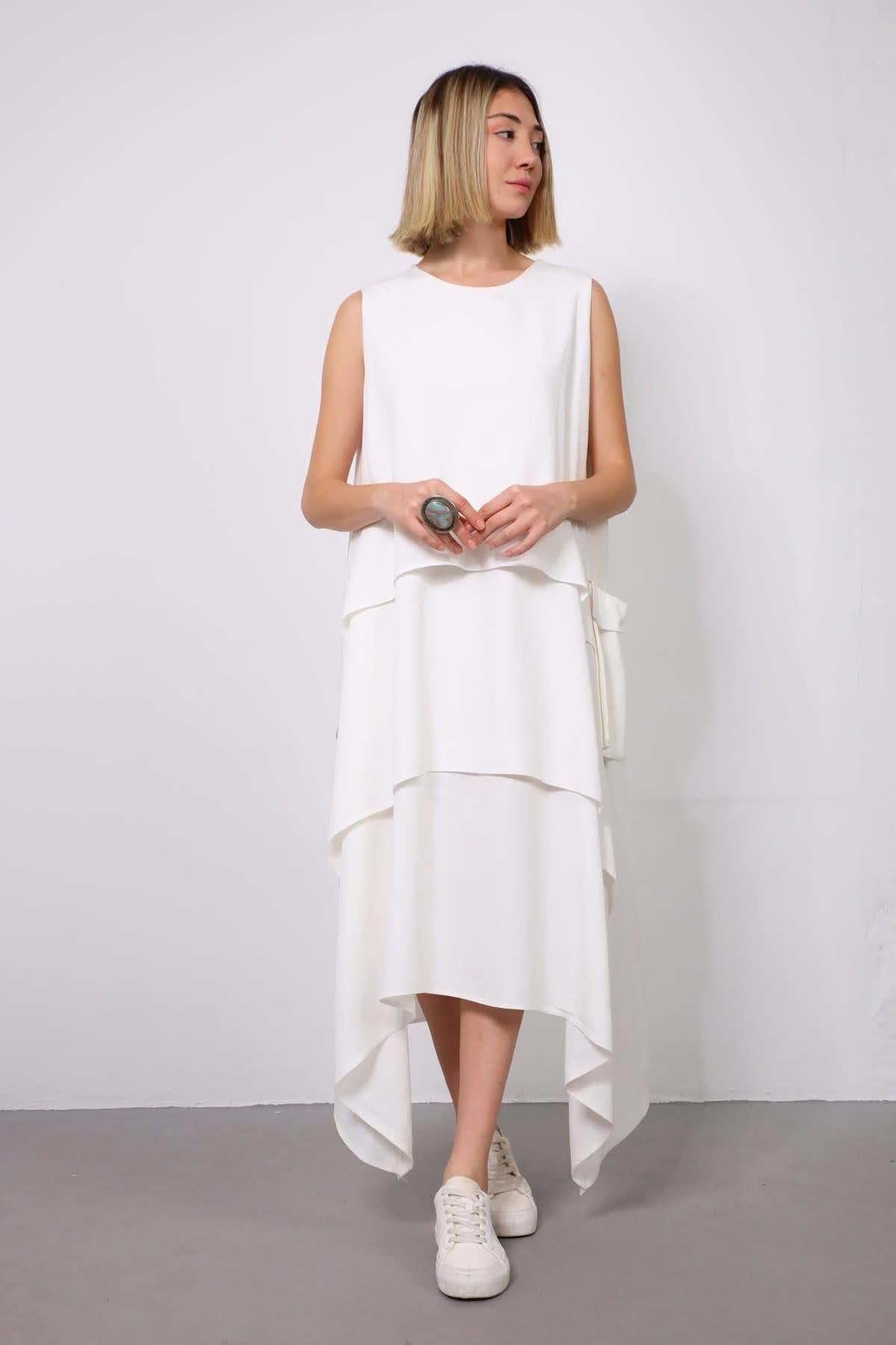 Beyaz Kat Kat Büyük Cepli Elbise - Şaman Butik Beyaz Kat Kat Büyük Cepli Elbise