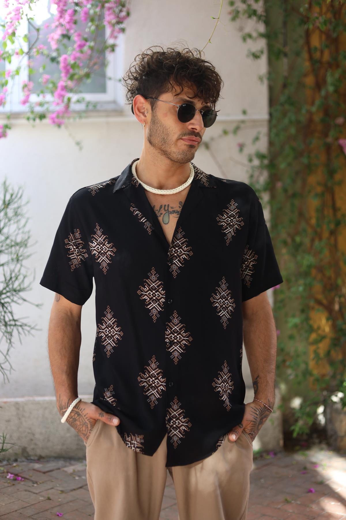 Black Patterned Short Sleeve Men's Shirt