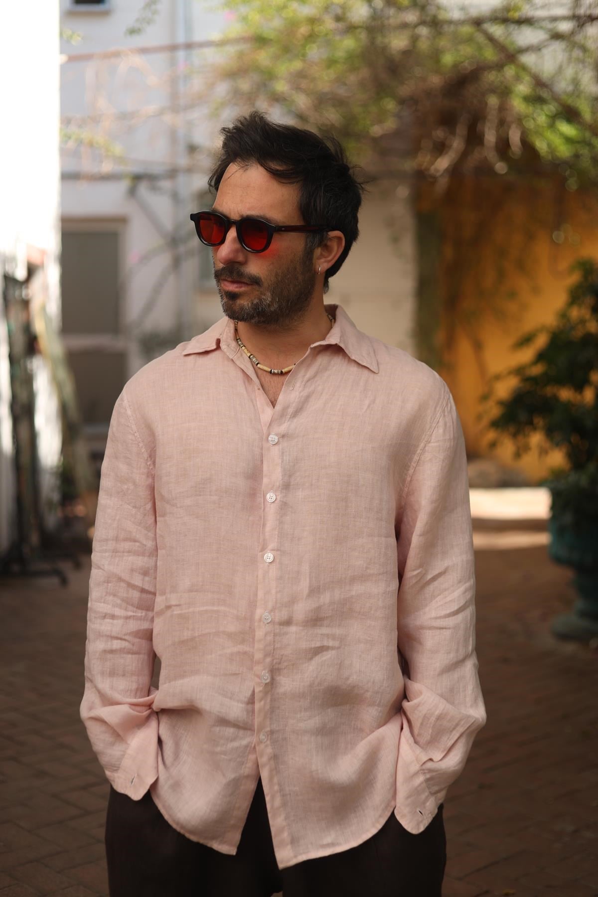 Pudra Pembe Keten Klasik Erkek Gömlek