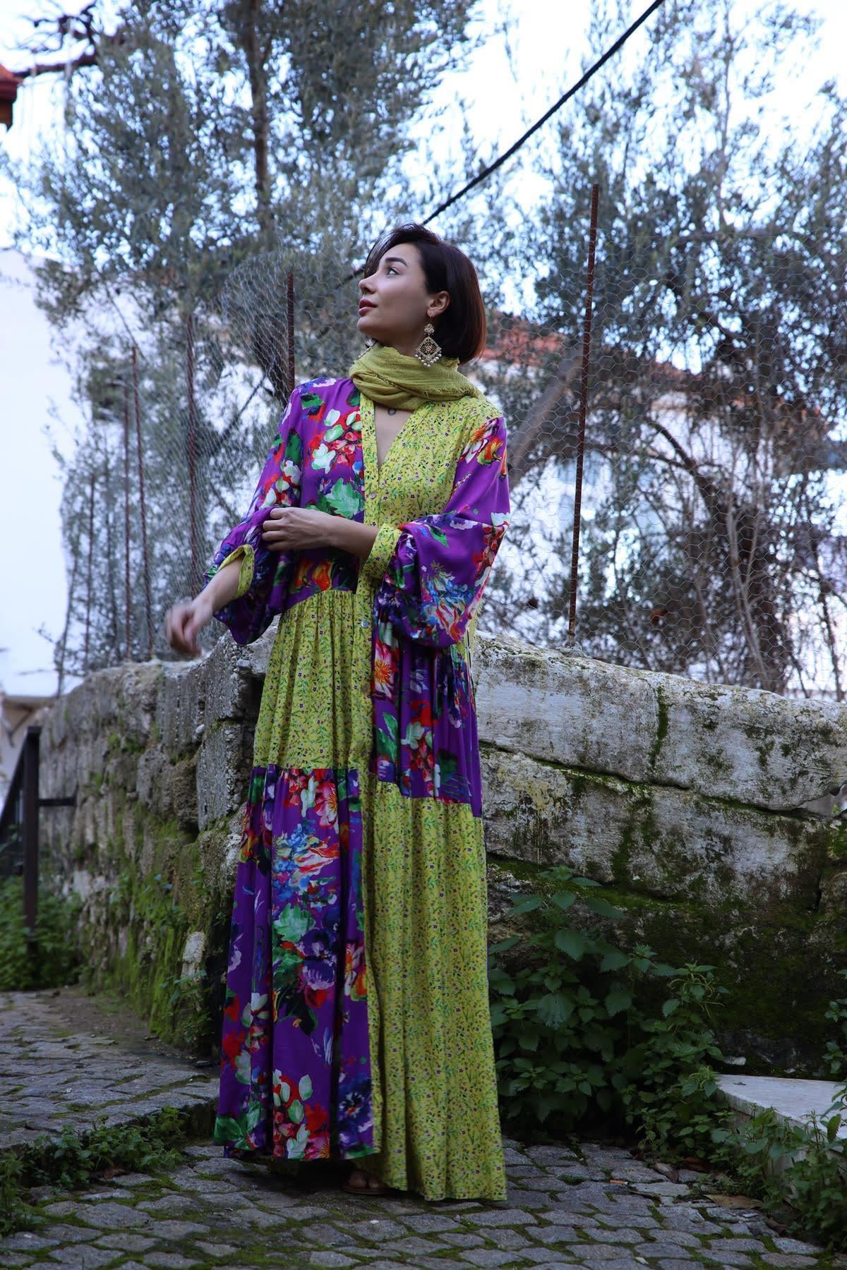 Mor Desenli Önü Düğmeli Uzun Elbise - Şaman Butik - Bohem Giyim ve Aksesuar | Kadın & Erkek Mor Desenli Önü Düğmeli Uzun Elbise