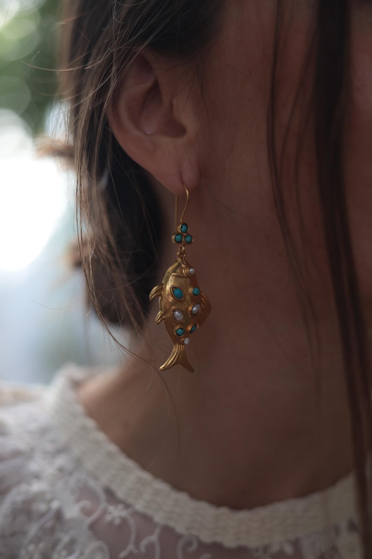 Turquoise and Pearl Detailed Bronze Earrings
