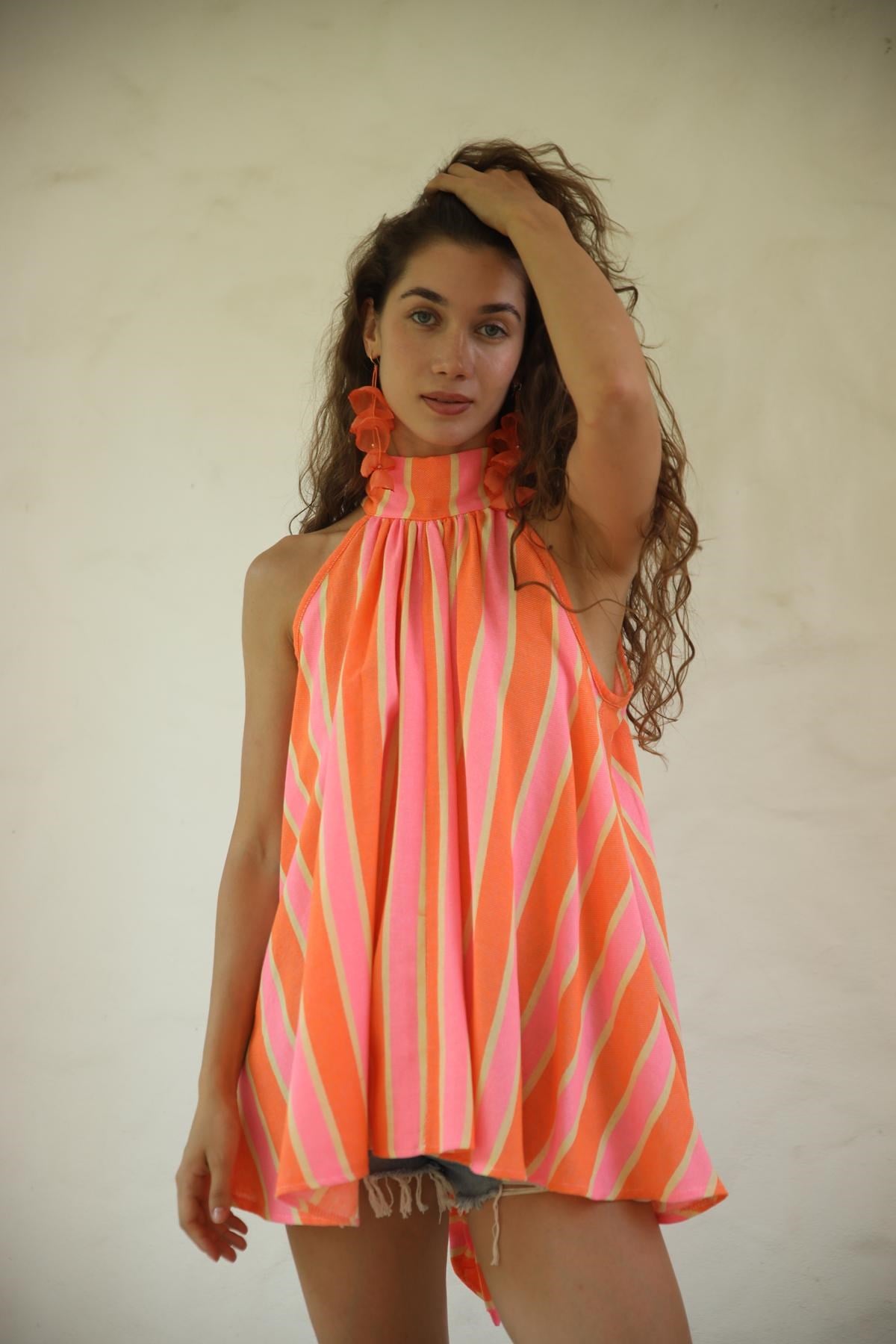 Turuncu Çizgili Halter Yaka Tunik Bluz