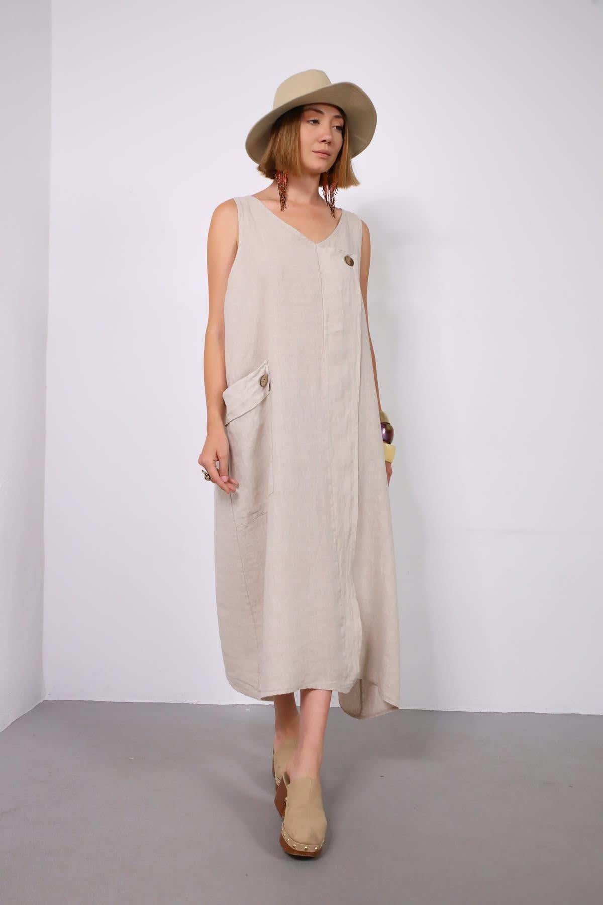 Krem Rengi Düğme Detaylı Kruvaze Parçalı Keten Elbise - Şaman Butik Krem Rengi Düğme Detaylı Kruvaze Parçalı Keten Elbise