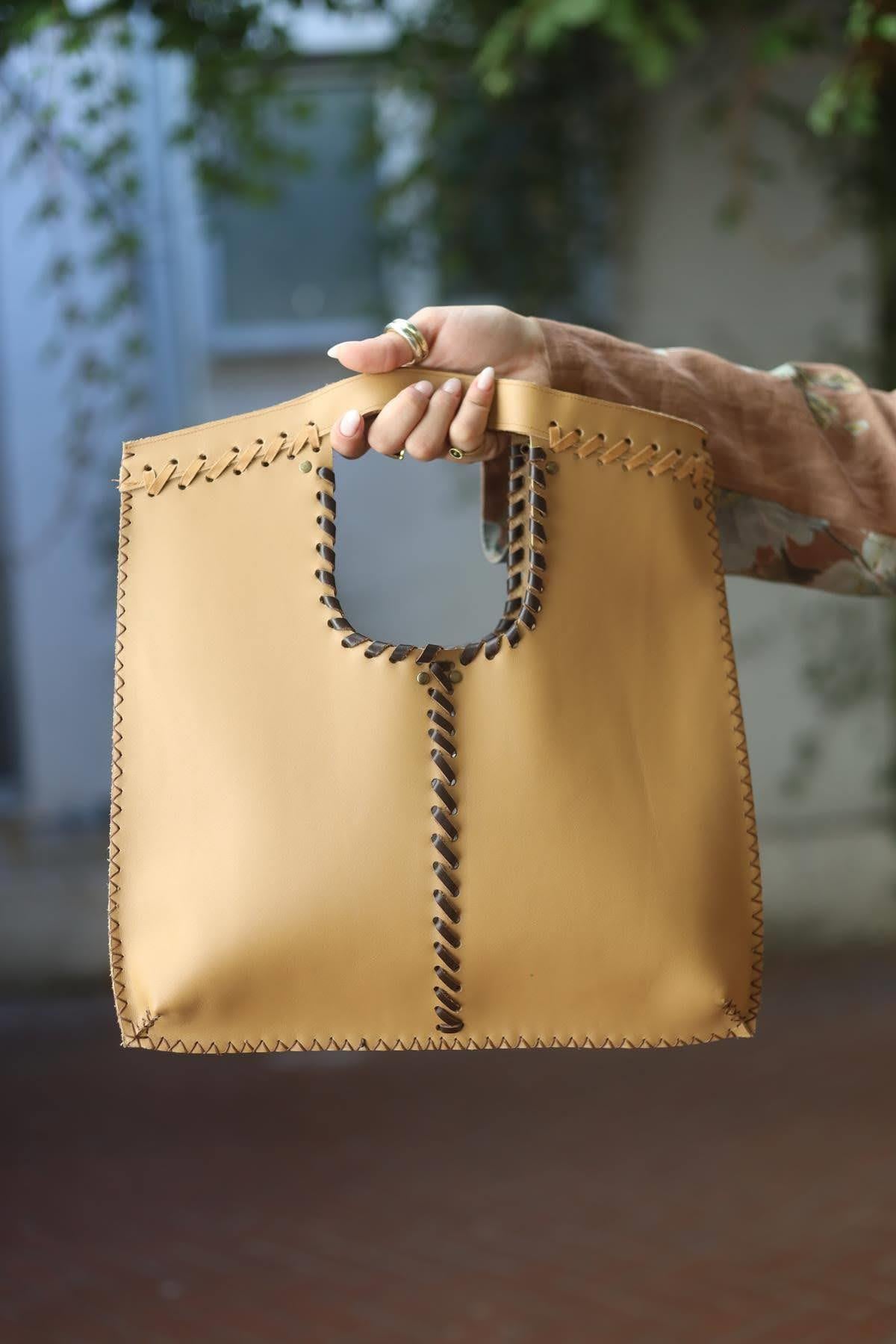 Camel Color Stitch Detailed Leather Bag
