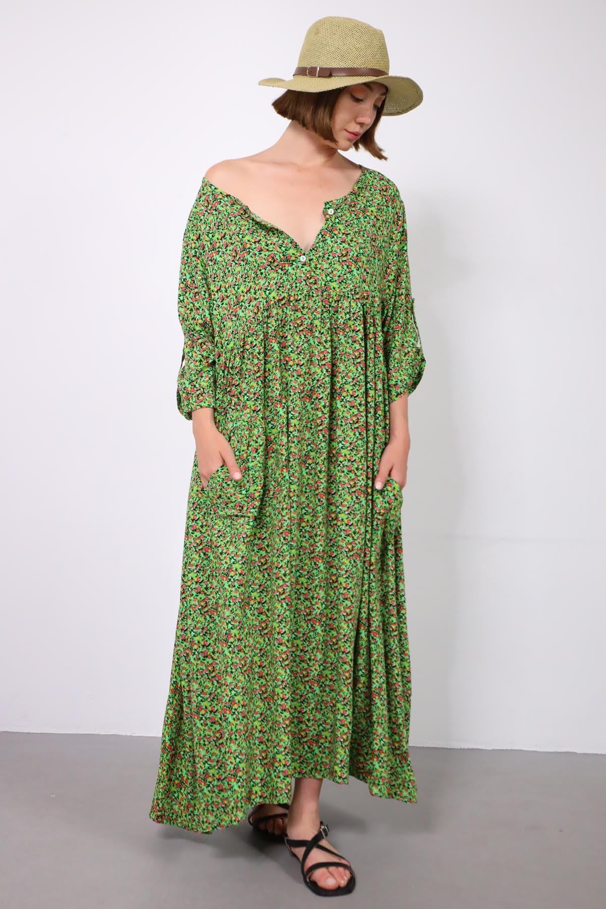 Yeşil Çiçekli Önü Düğmeli Elbise - Şaman Butik - Bohem Giyim ve Aksesuar | Kadın & Erkek Yeşil Çiçekli Önü Düğmeli Elbise