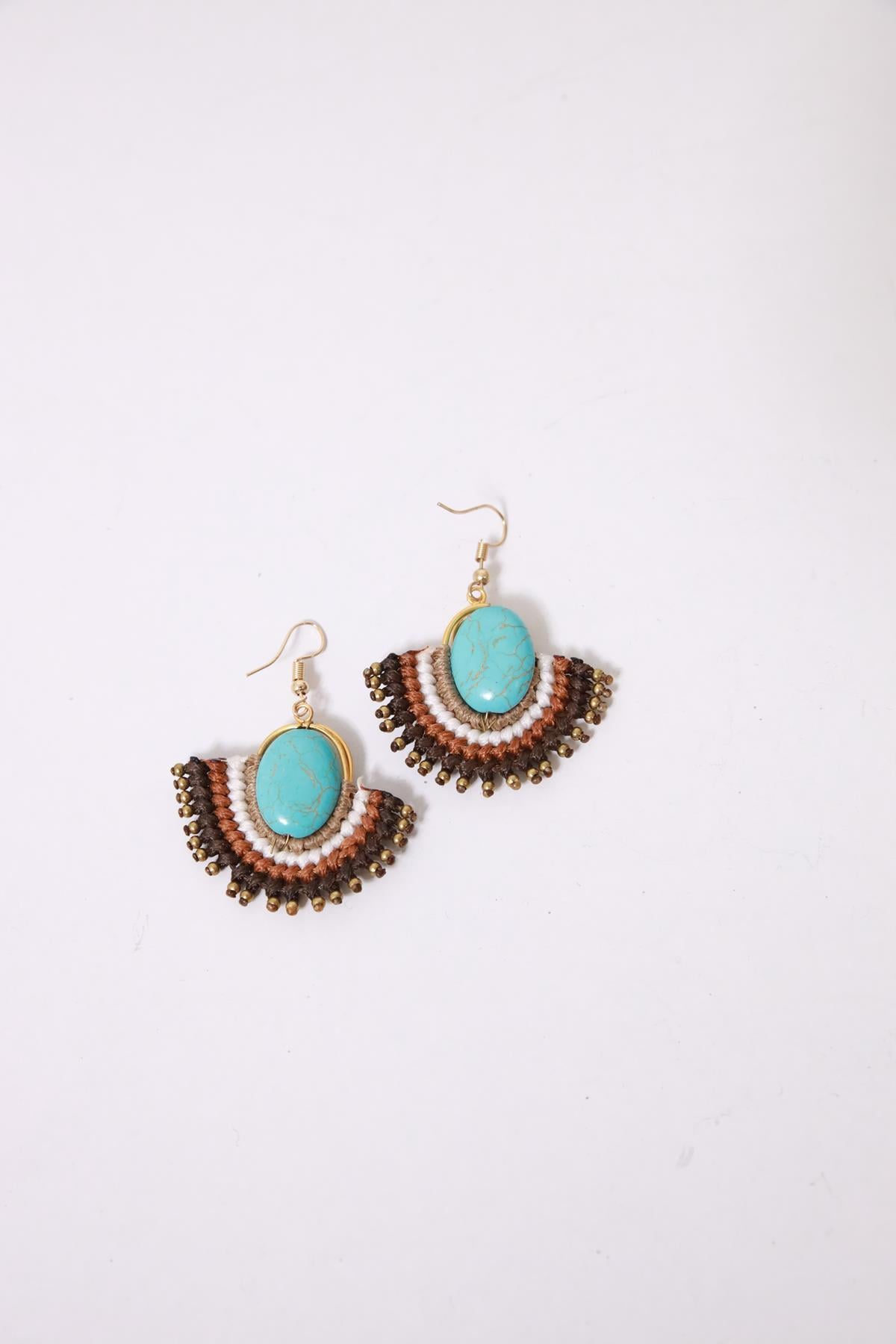 Turkuaz Taşlı Örgü Tasarım Küpe - Şaman Butik Turkuaz Taşlı Örgü Tasarım Küpe