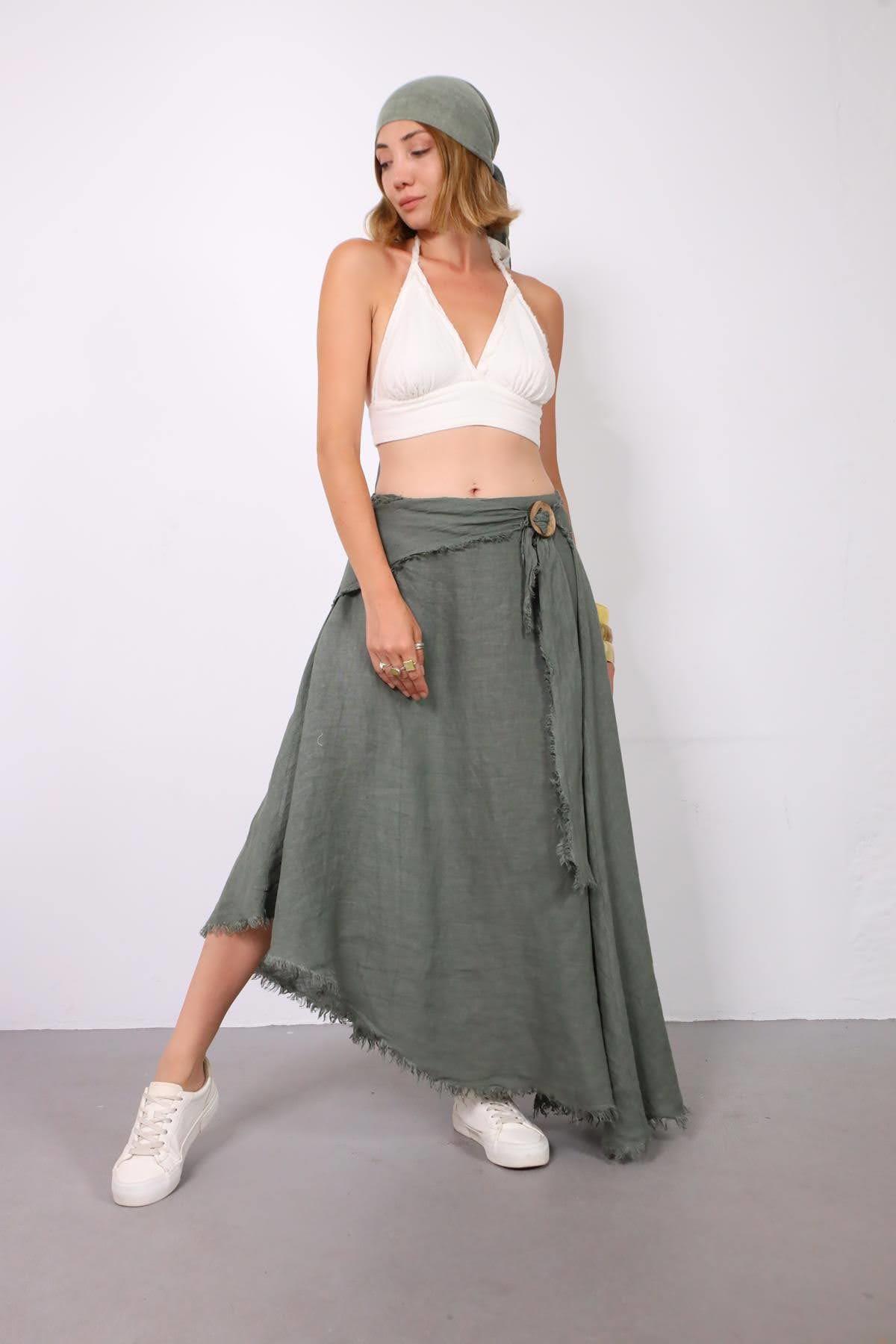 Haki Püsküllü Kemerli Keten Etek - Şaman Butik Haki Püsküllü Kemerli Keten Etek