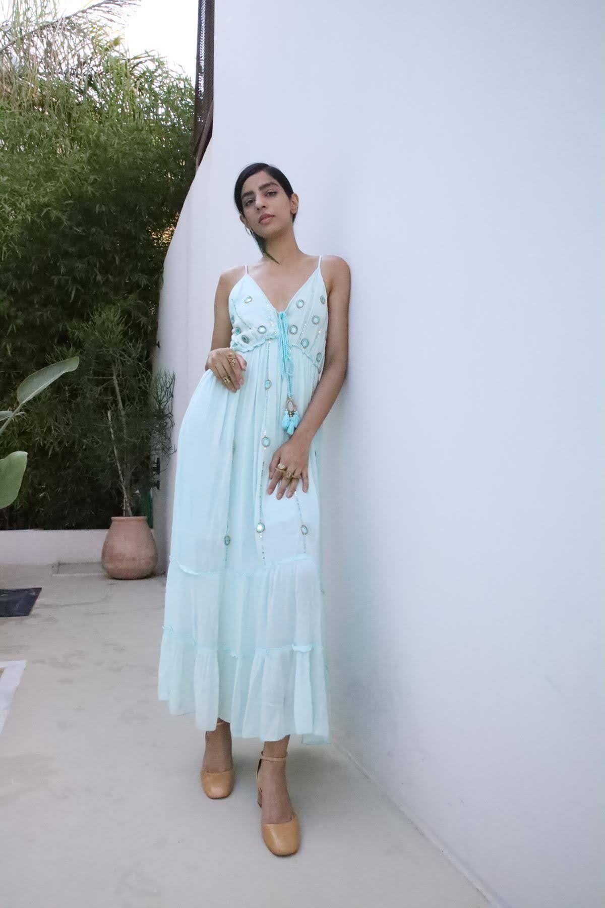 Gök Mavi Püsküllü Ayna Detaylı Askılı Bohem Elbise - Şaman Butik Gök Mavi Püsküllü Ayna Detaylı Askılı Bohem Elbise