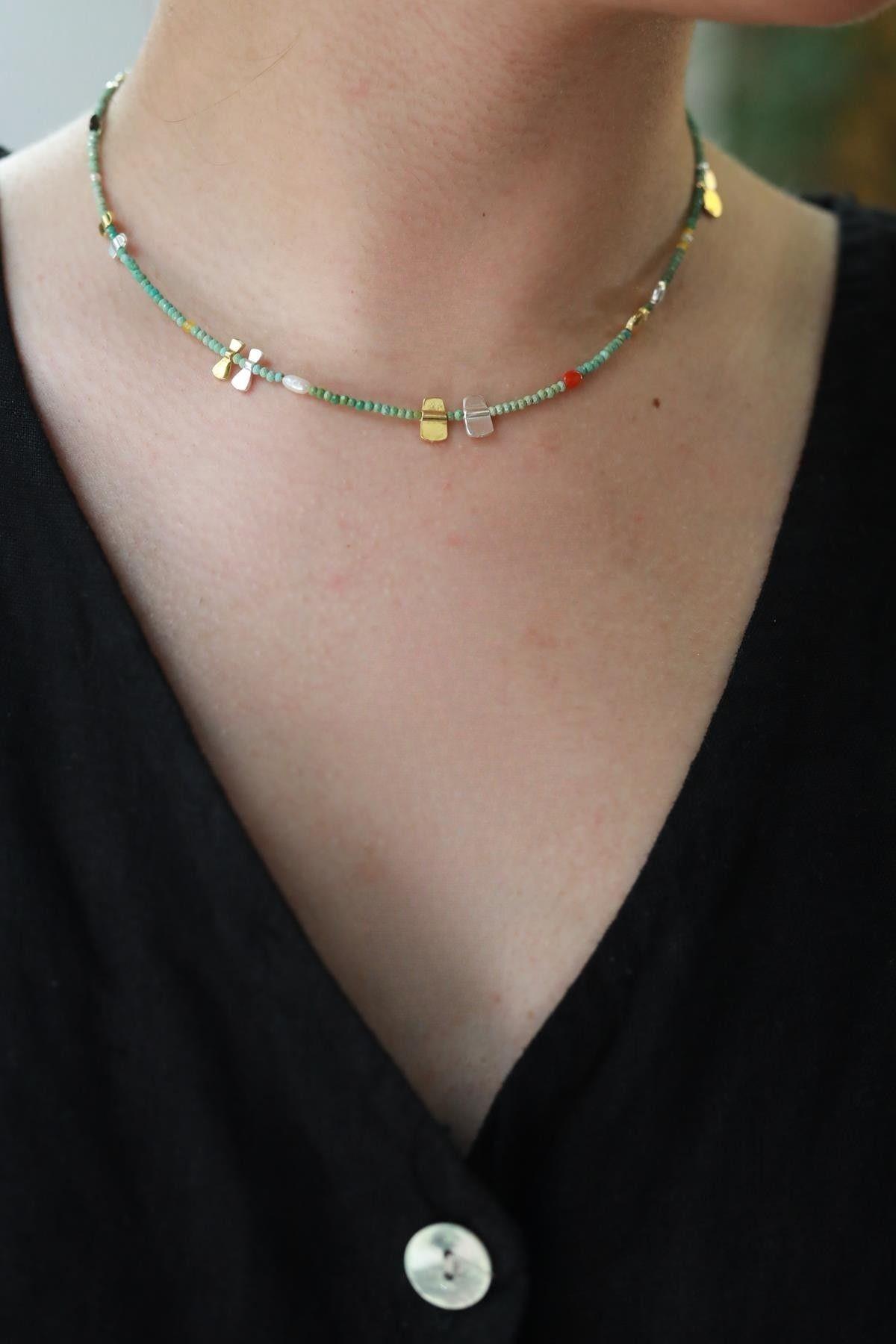 Gümüş Detaylı Turkuaz Tasarım Kolye