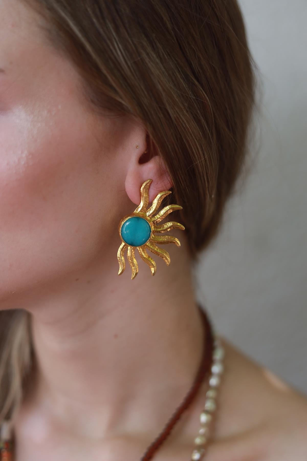 Natural Stone Half Sun Design Plated Earrings