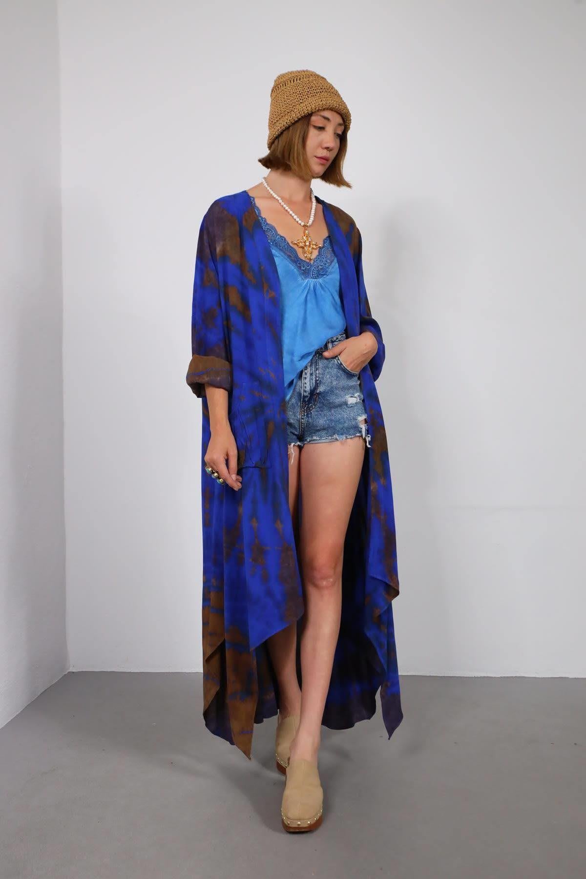 Saks Mavisi Batik Desenli Cep Detay Kaftan - Şaman Butik Saks Mavisi Batik Desenli Cep Detay Kaftan