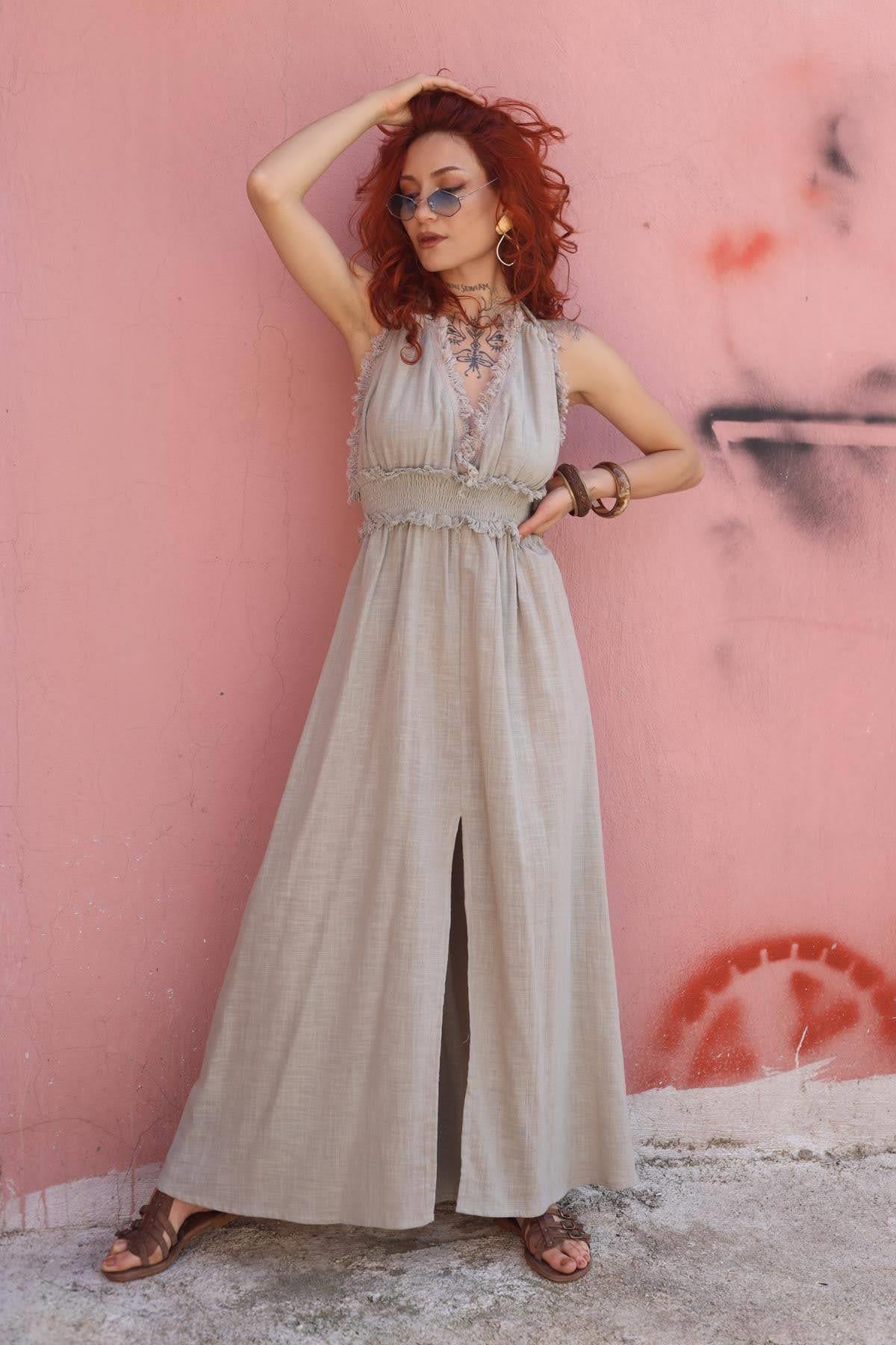 Gri Örgü Askılı Beli Gipeli Yırtmaçlı Elbise