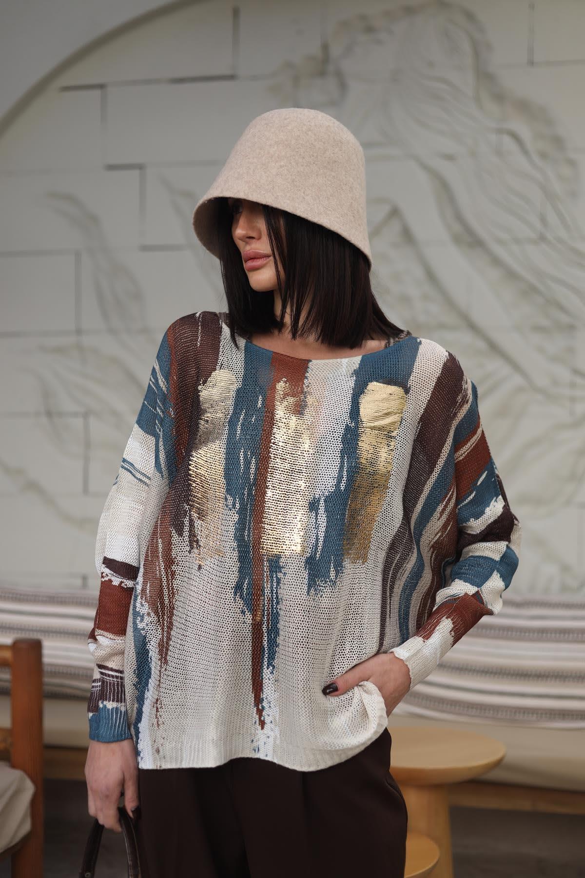 Kahverengi Desenli File Triko Bluz