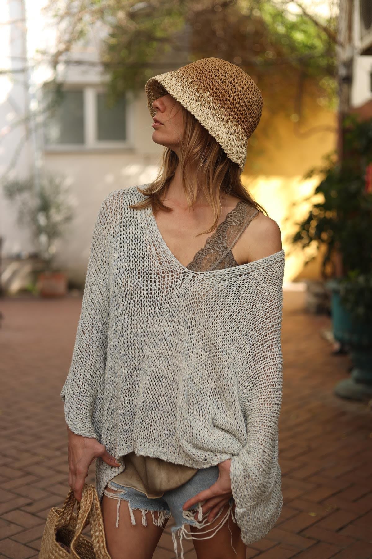 Buz Mavisi V Yaka Simli Merserize Bluz