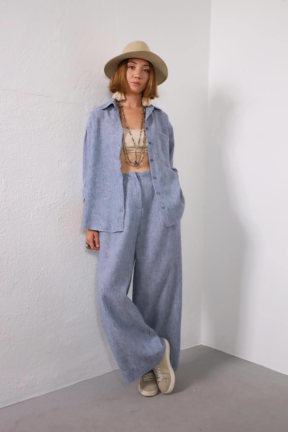 Mavi Keten Klasik Düğmeli Pantolon ve Gömlek Takım - Şaman Butik Mavi Keten Klasik Düğmeli Pantolon ve Gömlek Takım