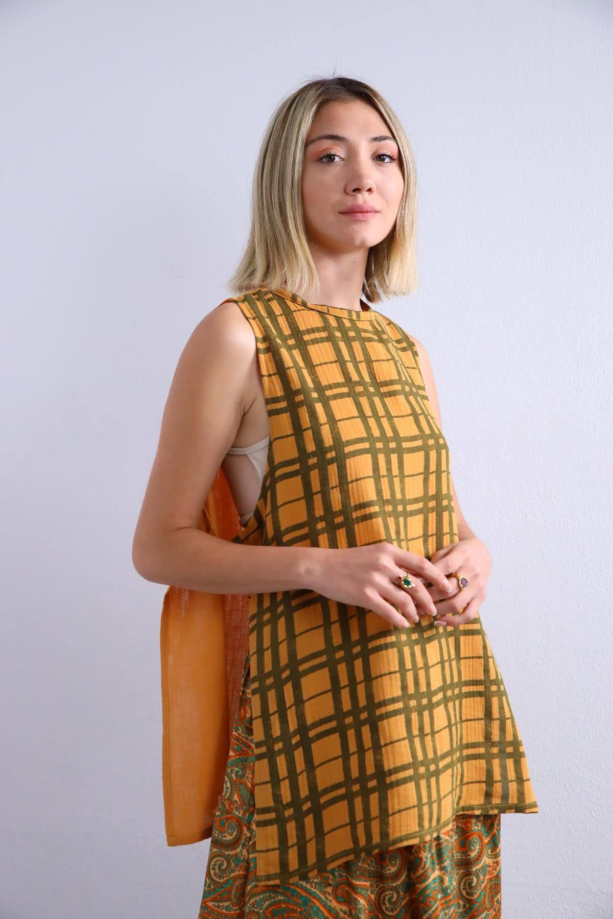  Hardal Rengi Ekose Yanları Halkalı Bohem Bluz