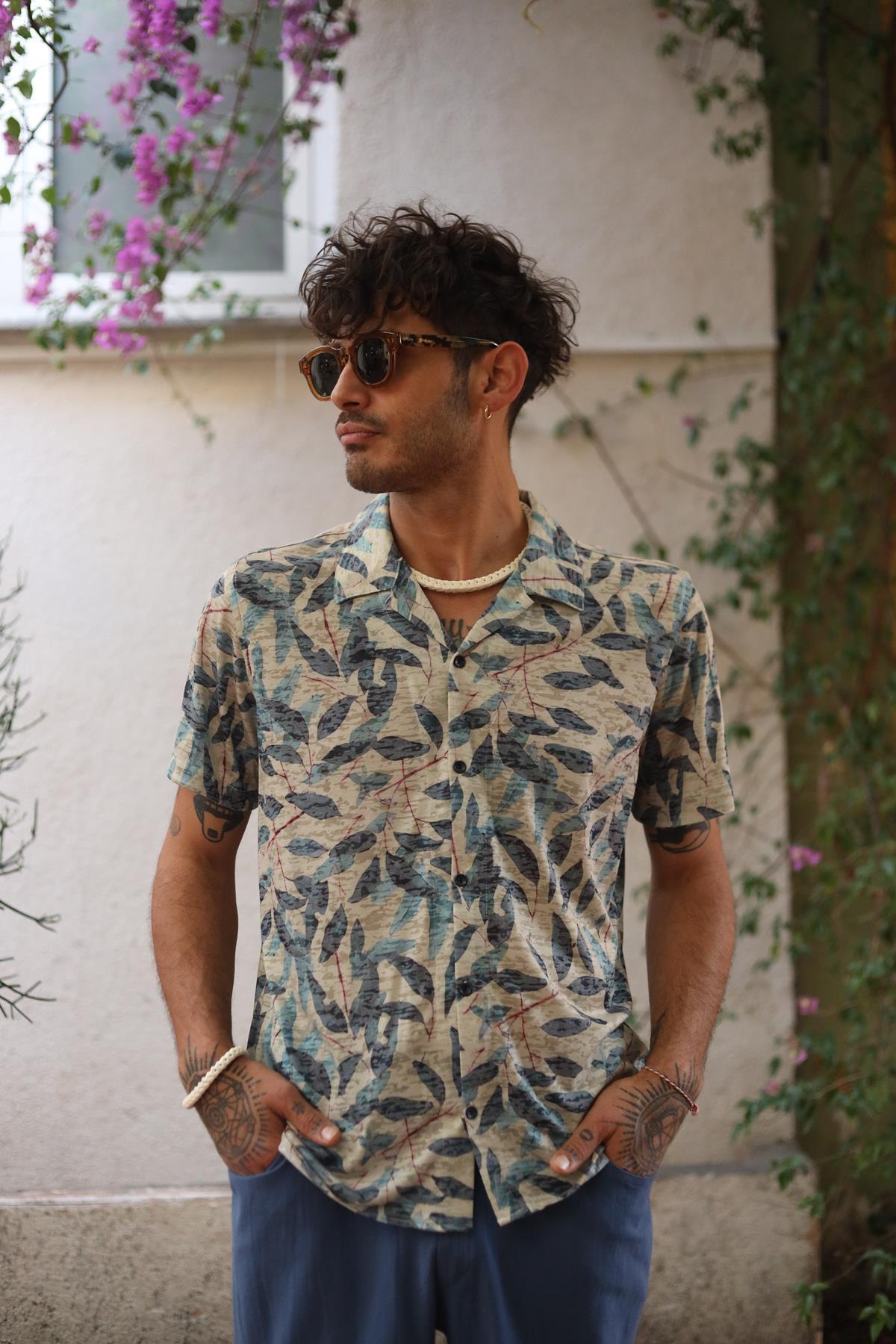 Khaki Leaf Patterned Men's Shirt