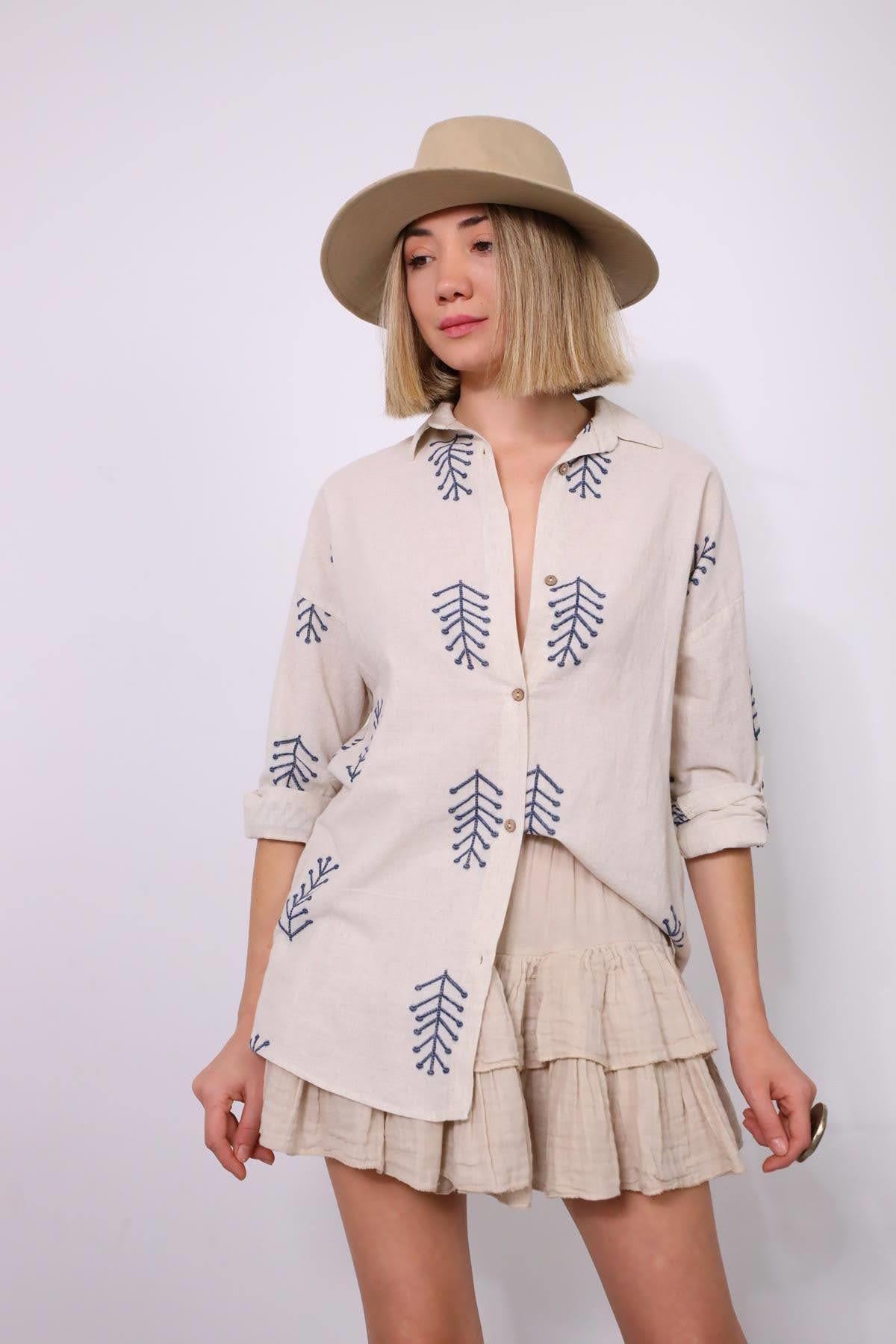 Navy Blue Floral Stitched Waist Shirt Dress - Şaman Butik Cream Patterned Pleated Back Shirt