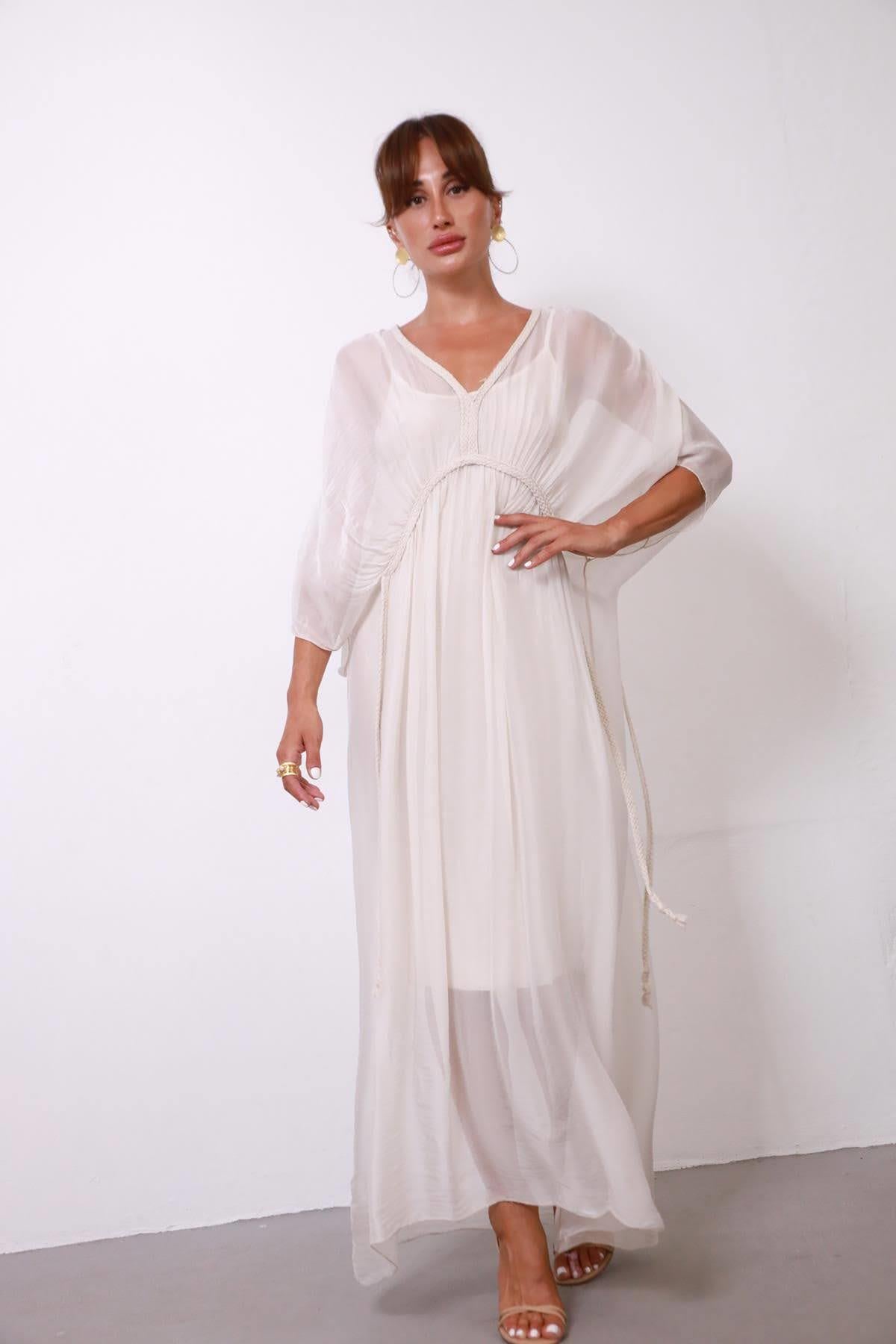  Ekru Örgü Detaylı Astarlı İpek Elbise