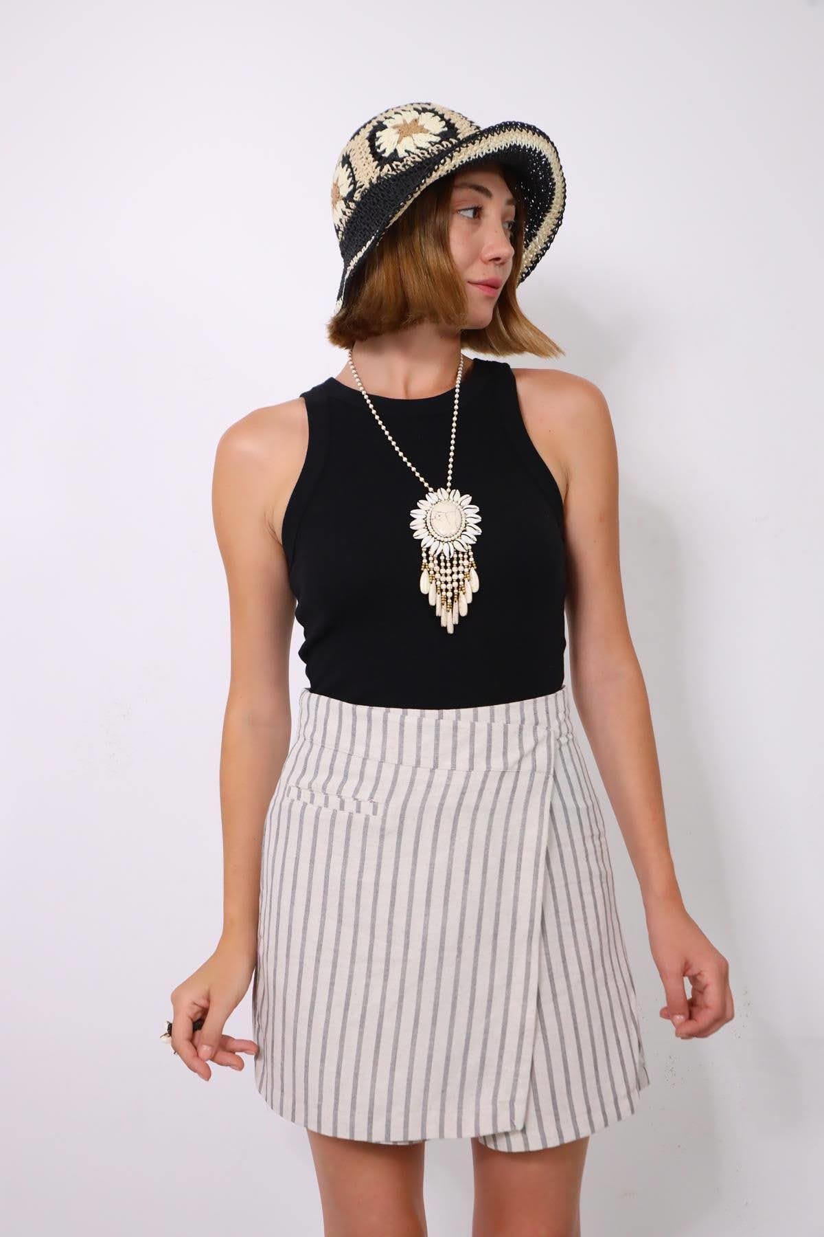  Taş Rengi Çizgili Kruvaze Şort Etek