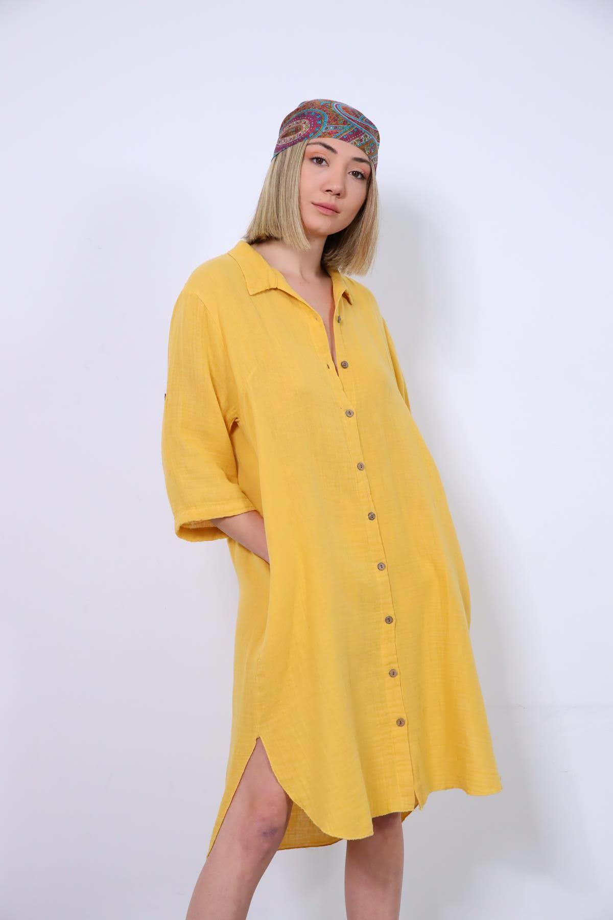  Sarı Apoletli Müslin Gömlek Elbise