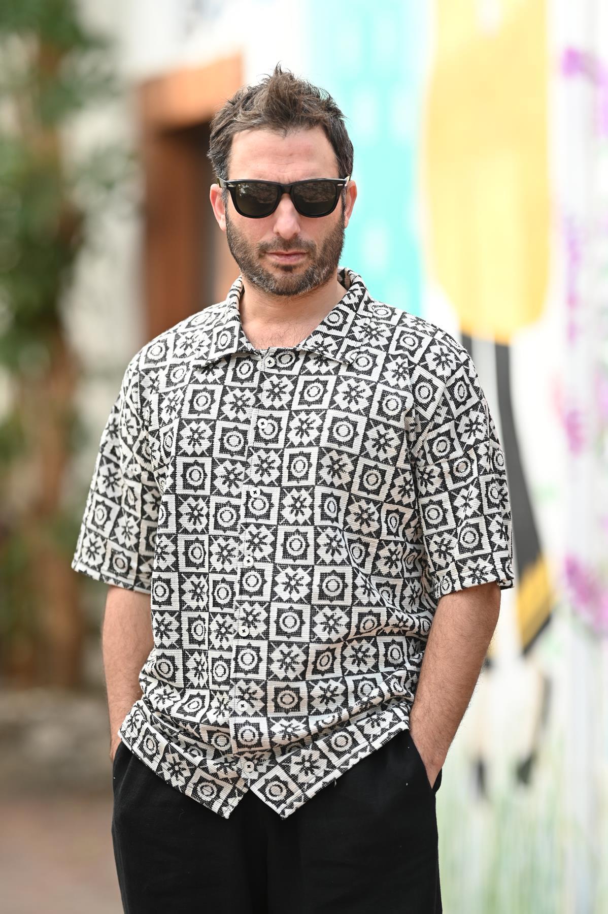 Black White Patterned Short Sleeve Bohemian Shirt