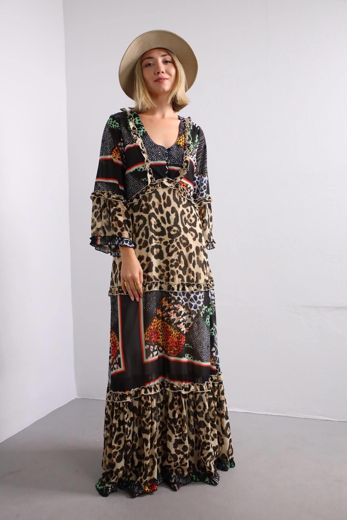 Siyah Leopar Desenli Şifon Ebise - Şaman Butik Siyah Leopar Desenli Şifon Ebise