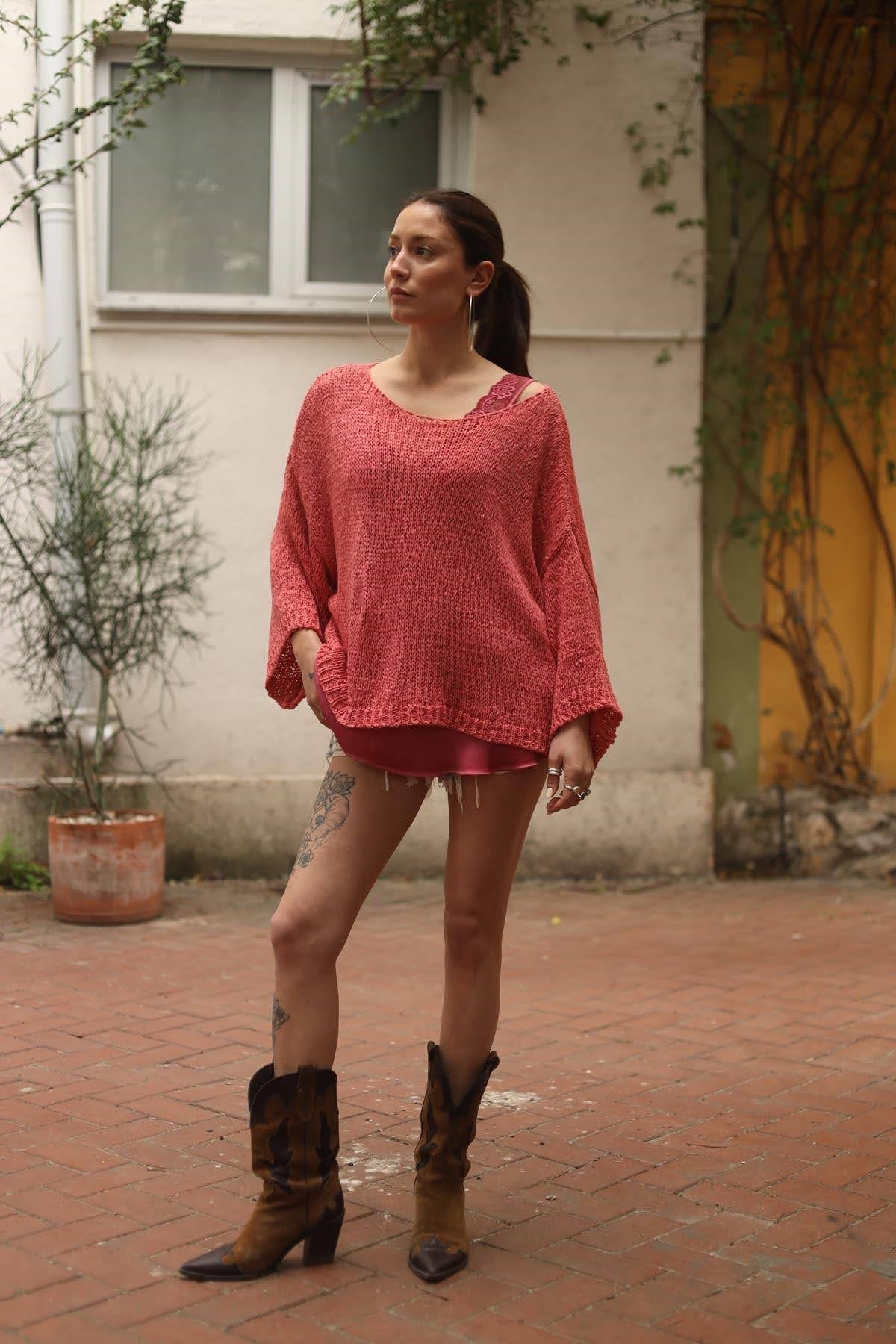 Mercan Rengi Geniş Yaka Salaş Merserize Bluz