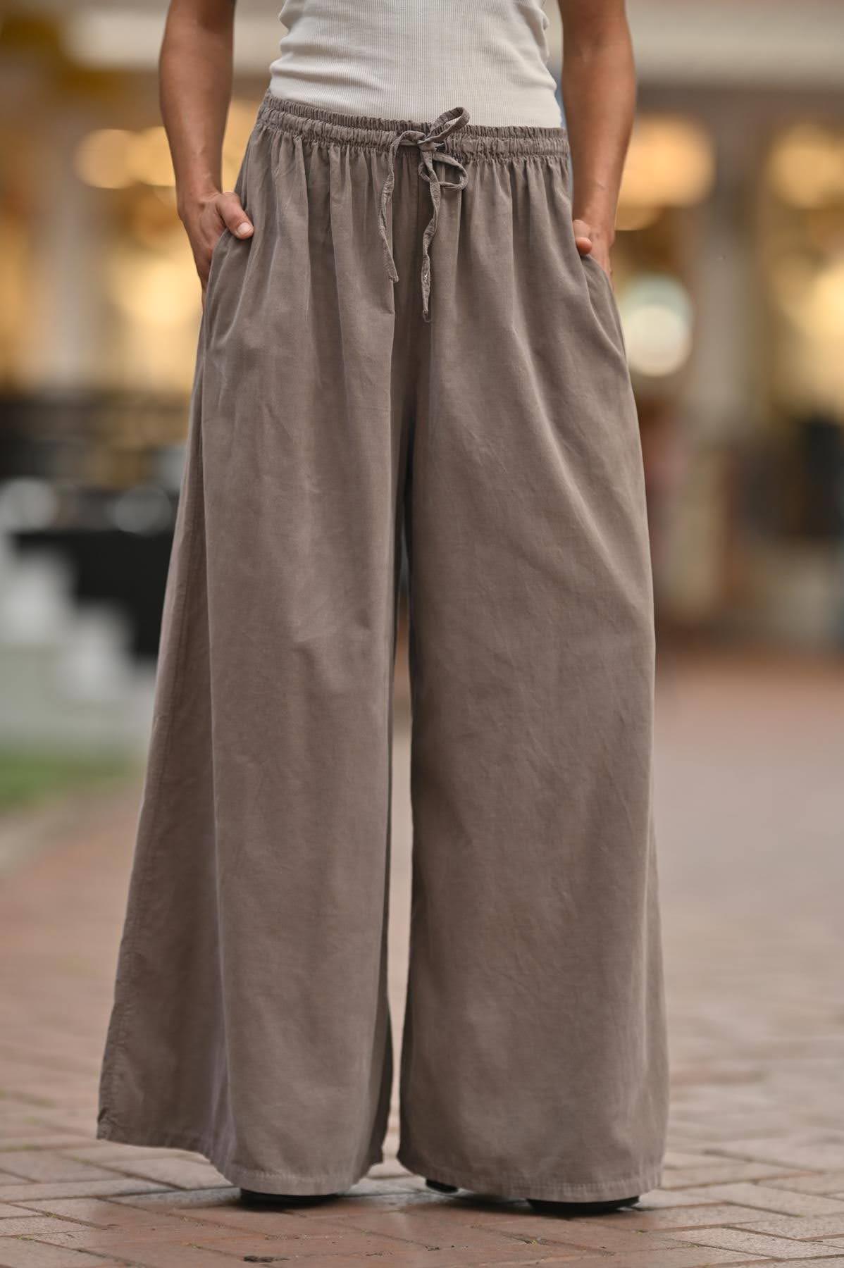 Vizon Rengi Beli İpli Kadife Palazzo Pantolon