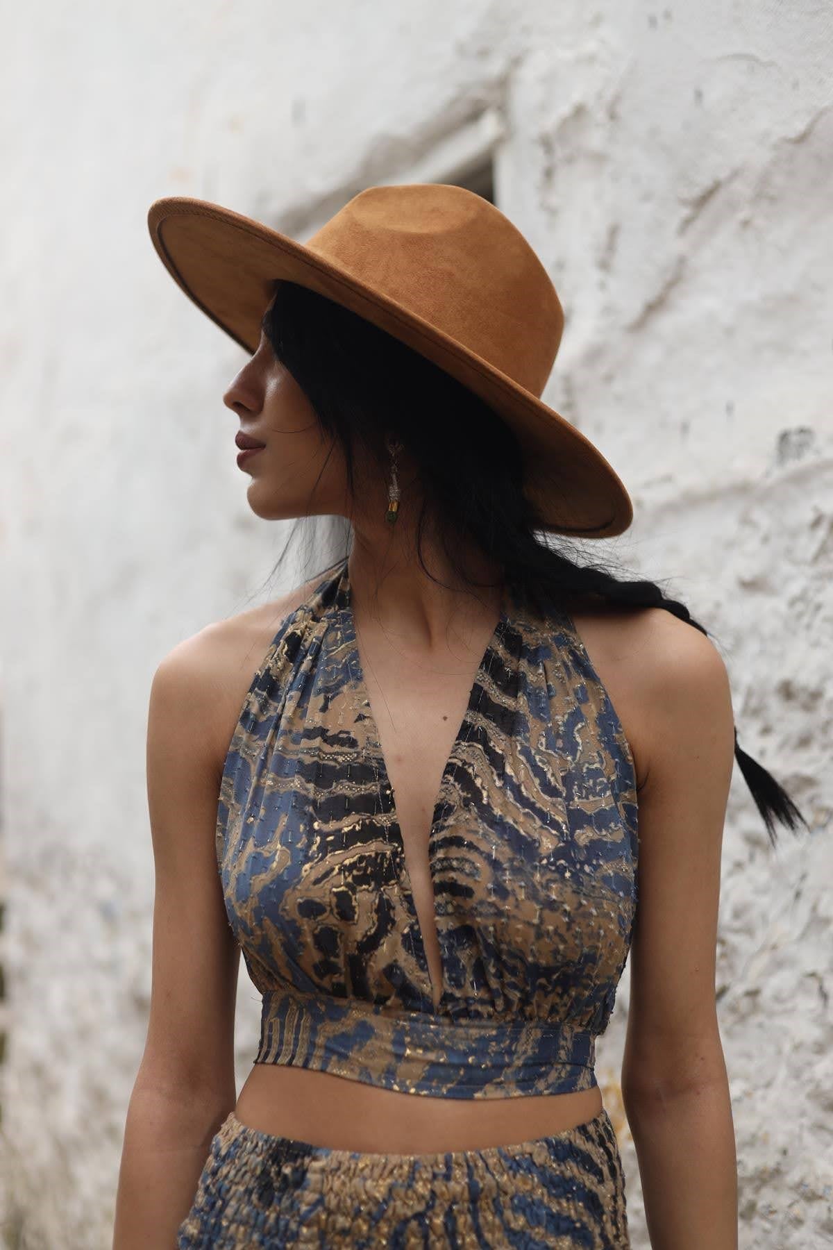 İndigo Mavi Pamuklu Crop Bluz