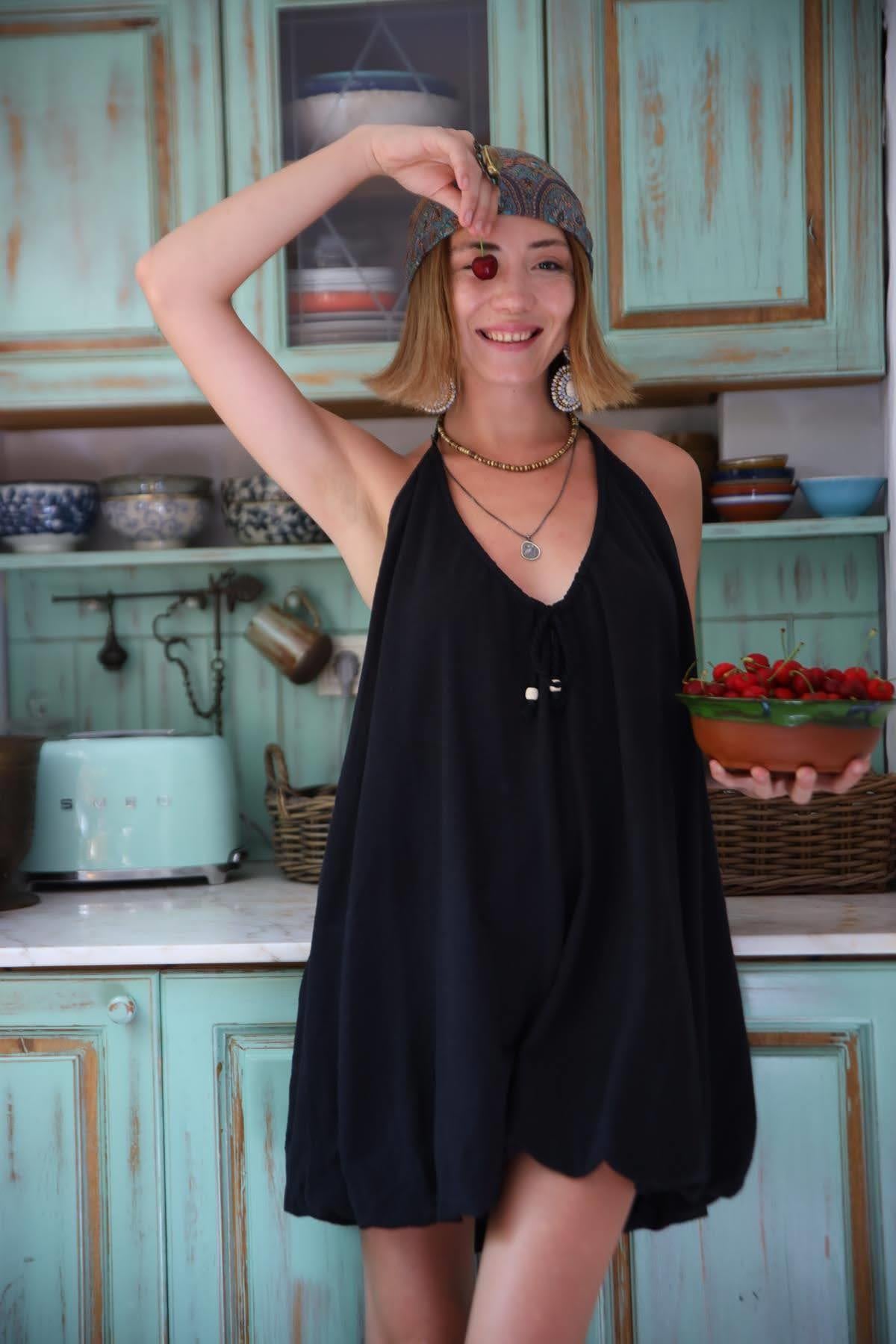 Siyah İp Askılı Balon Elbise - Şaman Butik Siyah İp Askılı Balon Elbise